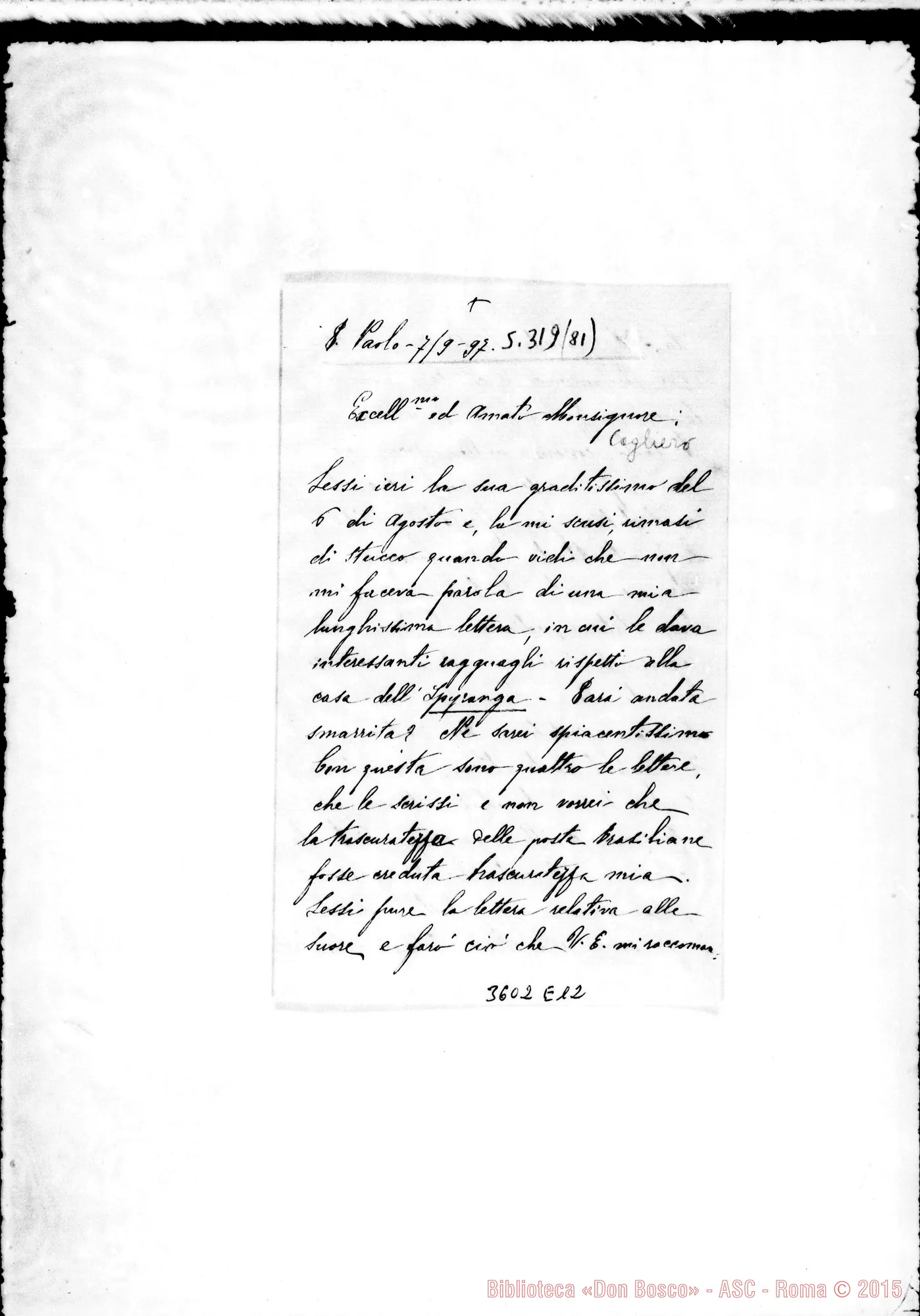 Fotogramma E 12 — Don Foglino Michele-Mons. Cagliero. S. Paulo, 7-09-1897
