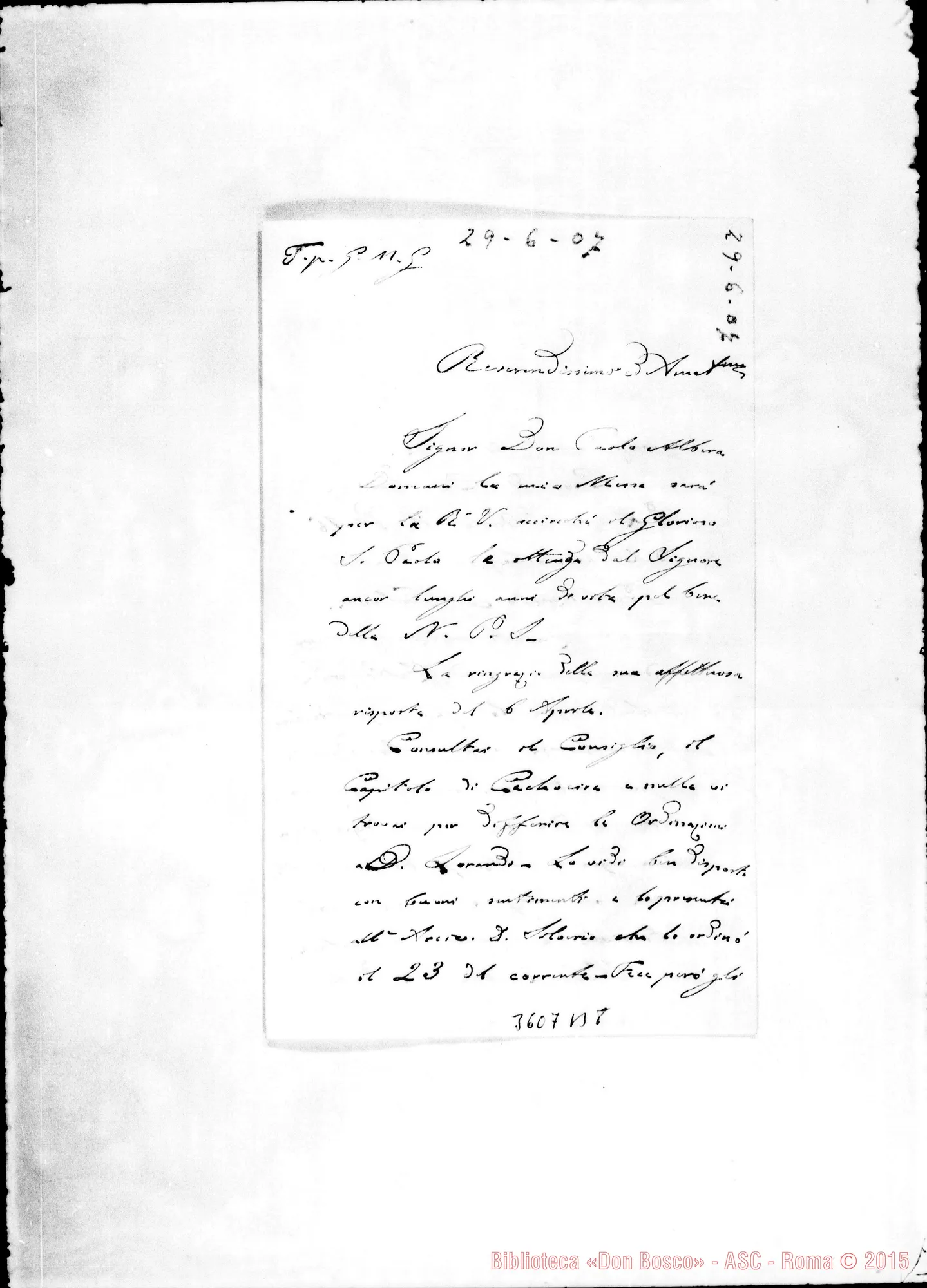 Fotogramma B 8 — Don Carlo Peretto-Amat.mo Padre Albera, il 29-06-1907