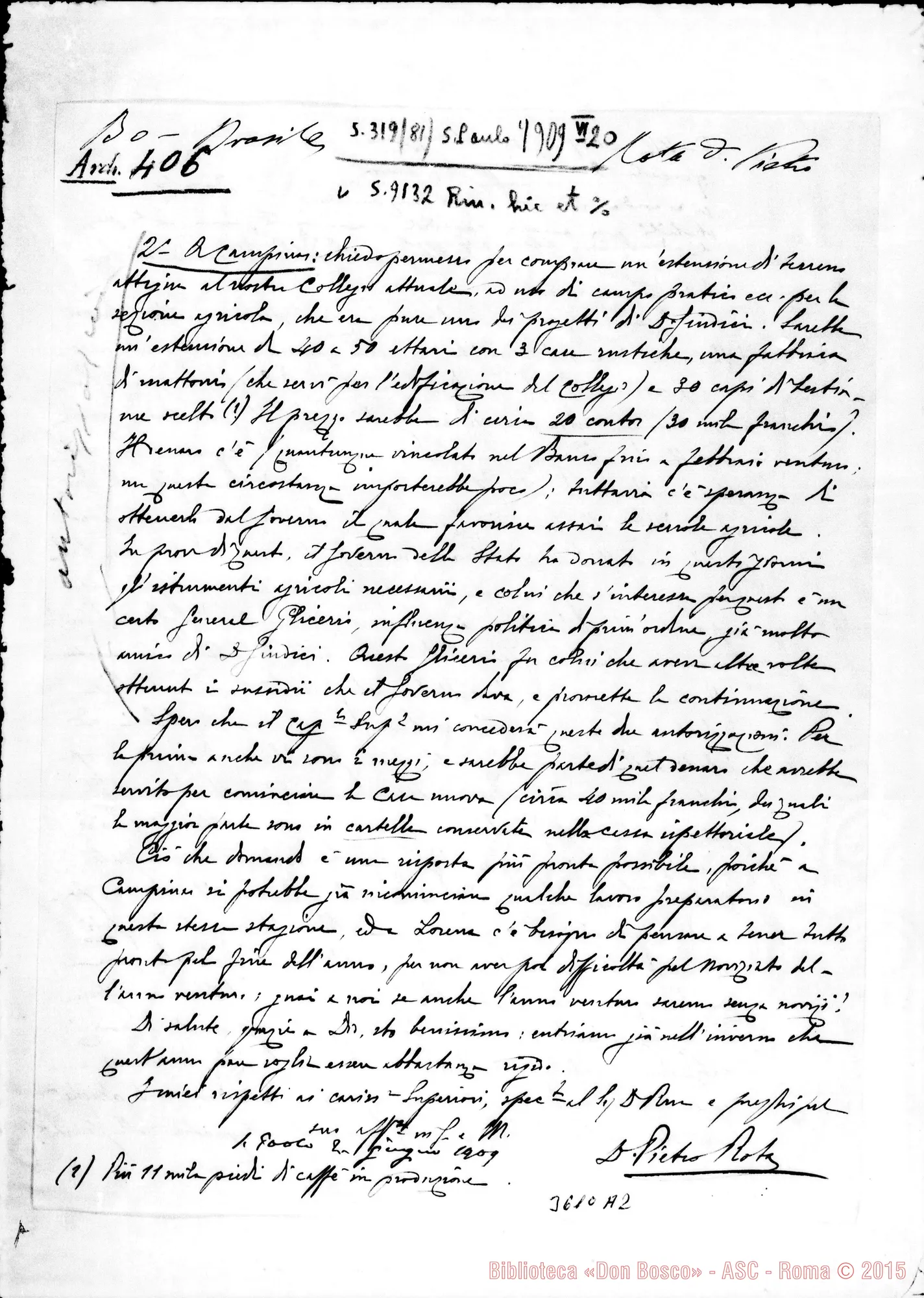 Fotogramma A 2 — Don Pietro Rota. Lettera incompleta. Autogr. Rinaldi