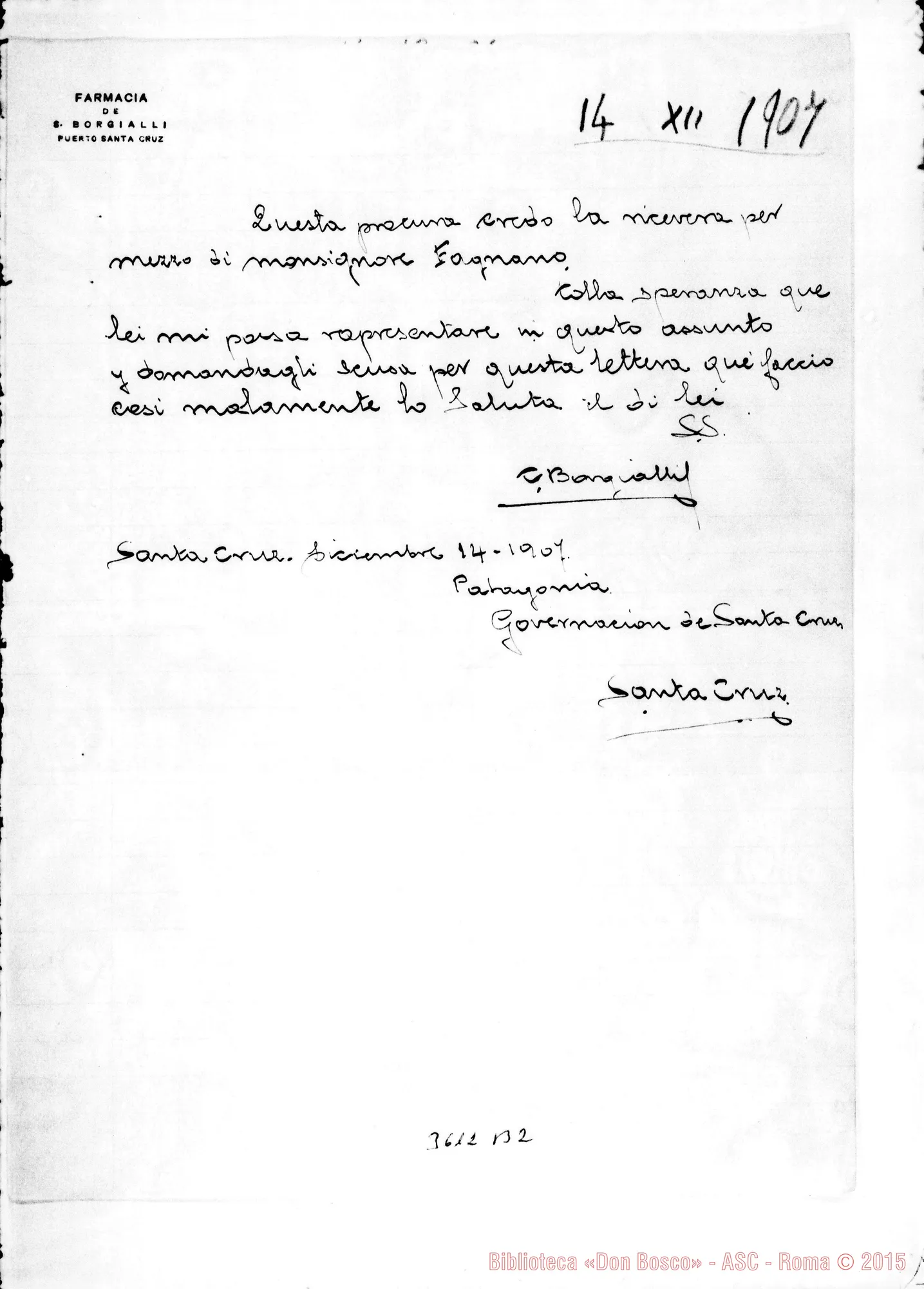 Fotogramma B 2 — Carlo Borgialli-Don Rinaldi. Santa Cruz, 14-12-1907 Autogr. Rinaldi