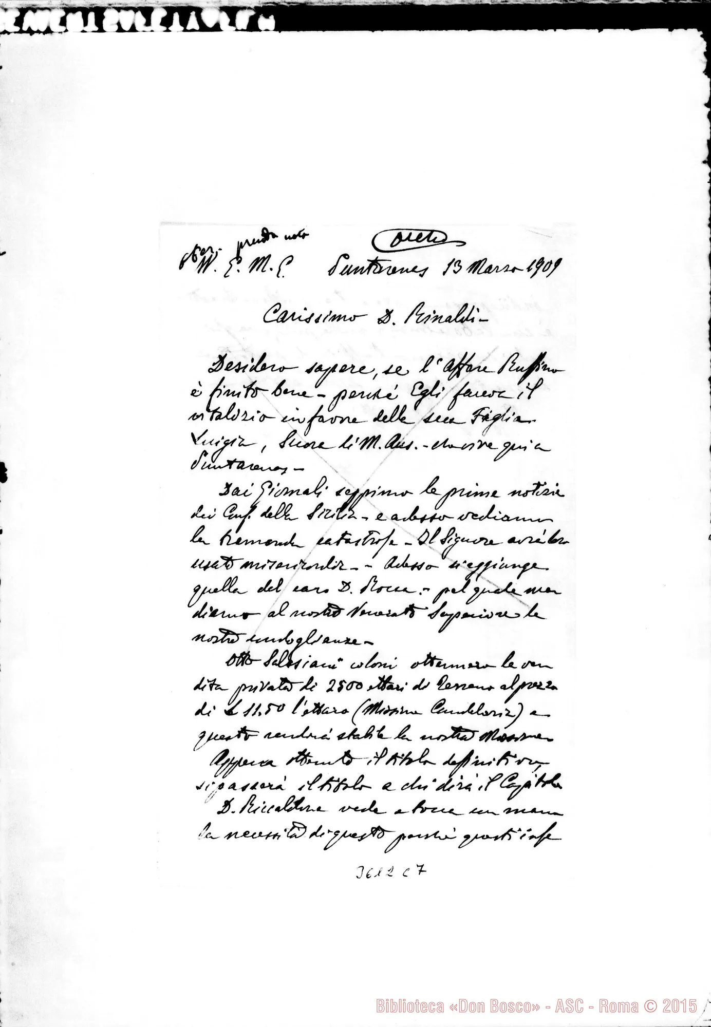 Fotogramma C 7 — Mons. Fagnano-Don Rinaldi. Puntarenas, 13-03-1909. Autogr. Rinaldi