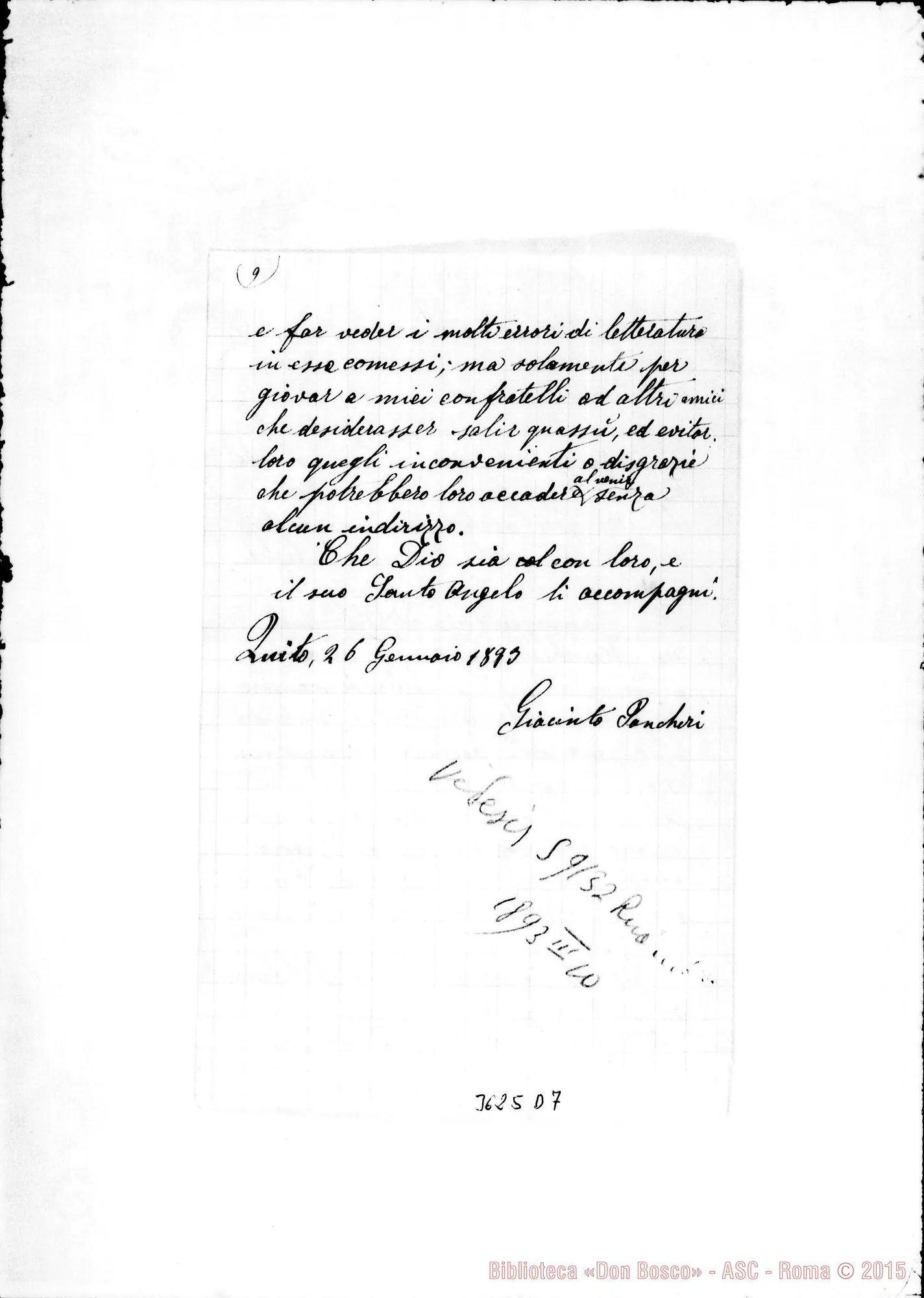 Fotogramma D 7 — Lettera di Giacinto Pancheri il 26-01-1893. Incompleta