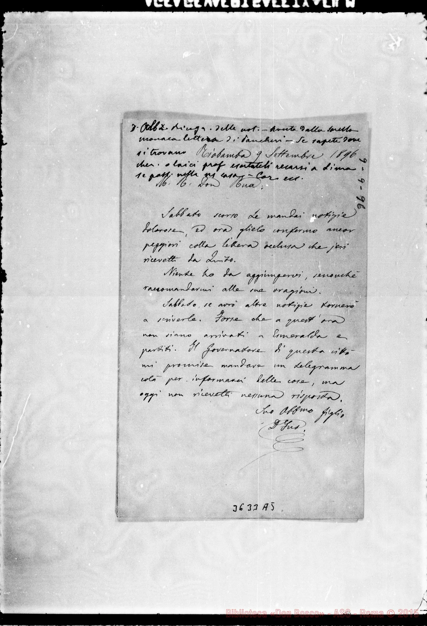 Fotogramma A 5 — Don Fusarini-Don Rua. Riobamba, 9-09-1896 Autogr. Rua
