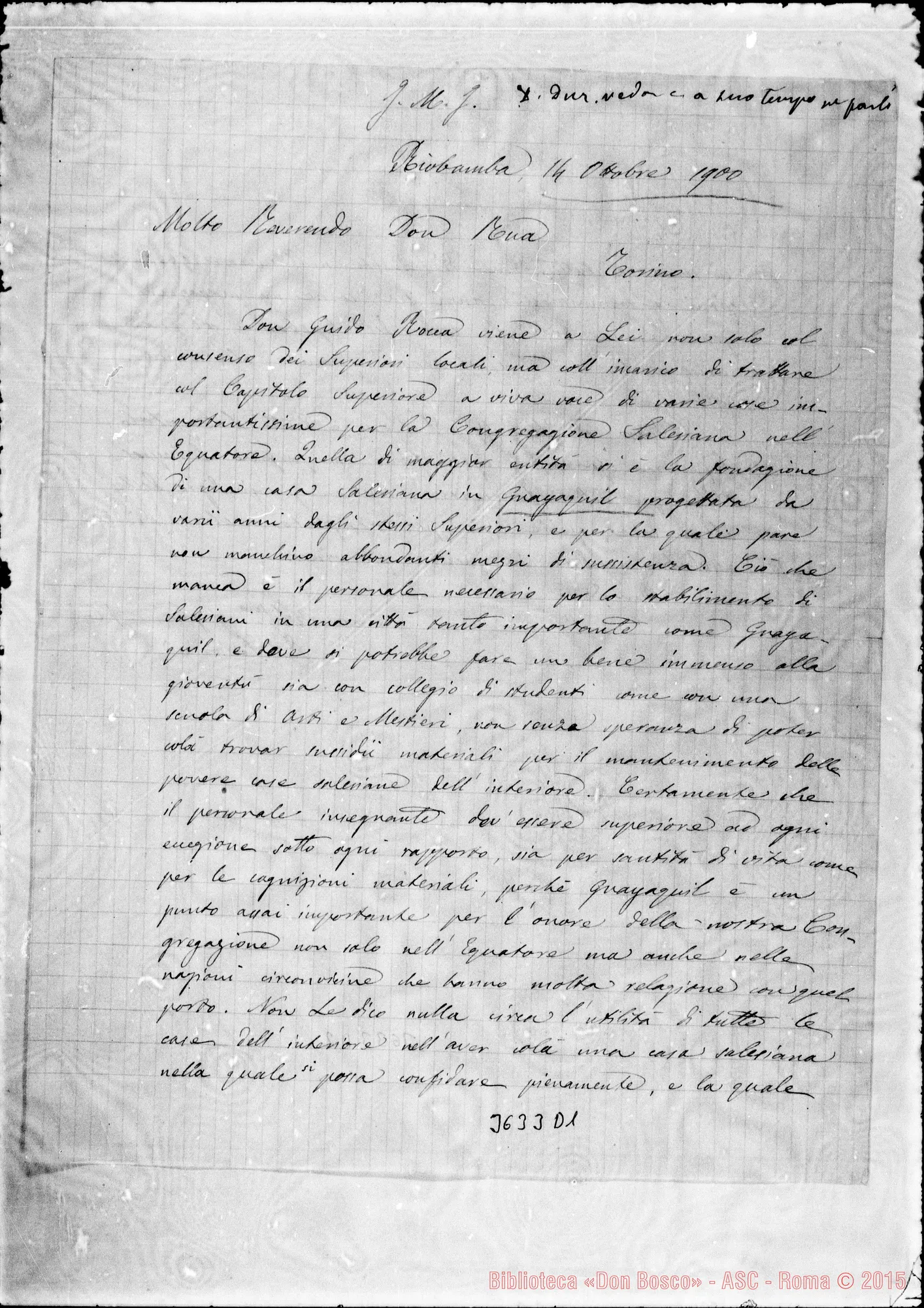 Fotogramma D 1 — Don Fusarini-Don Rua. Riobamba, 14-10-1900 Autogr. Rua