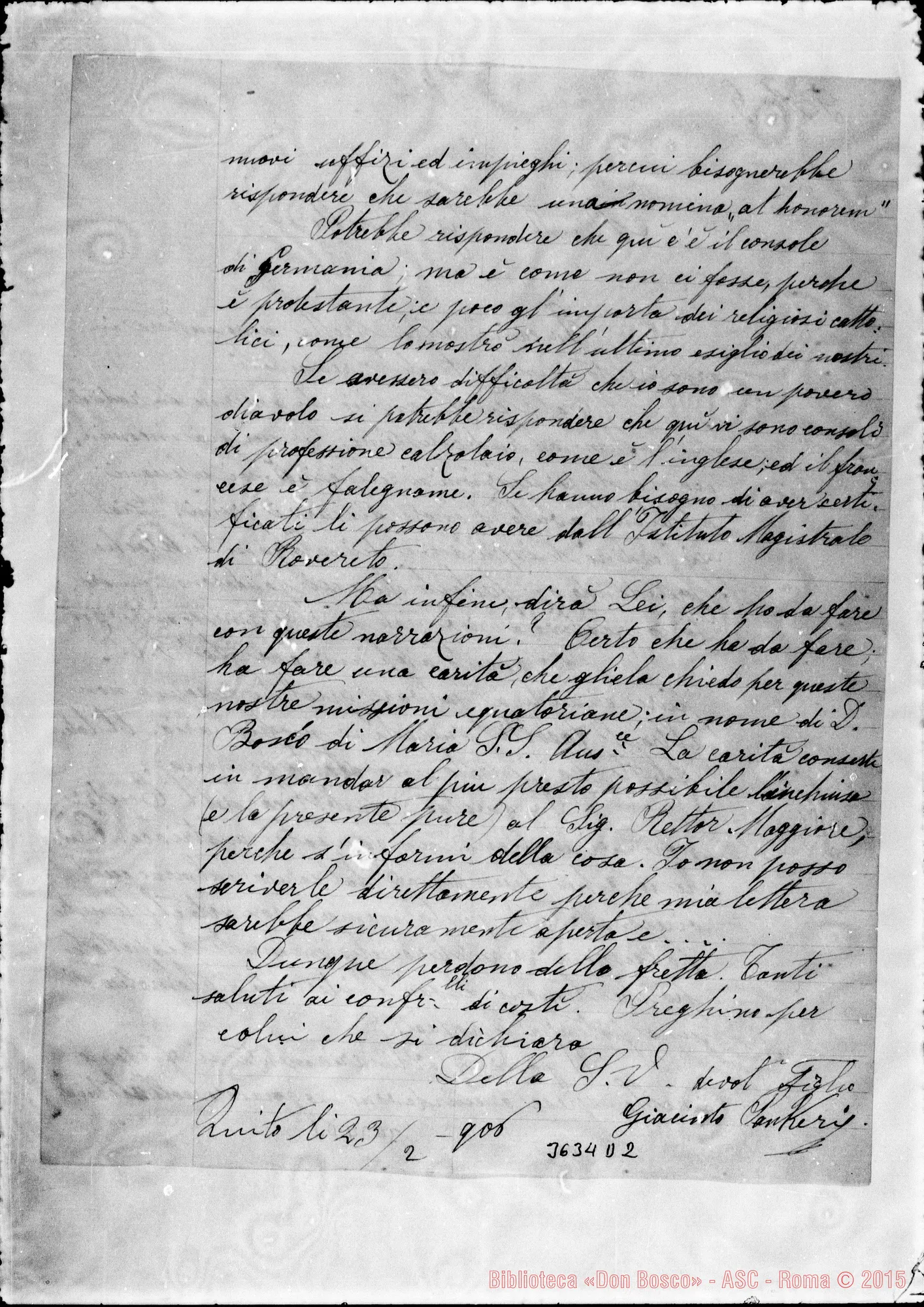 Fotogramma D 2 — Coad. Giacinto Pancheri-Direttore. Quito, 23-02-1906