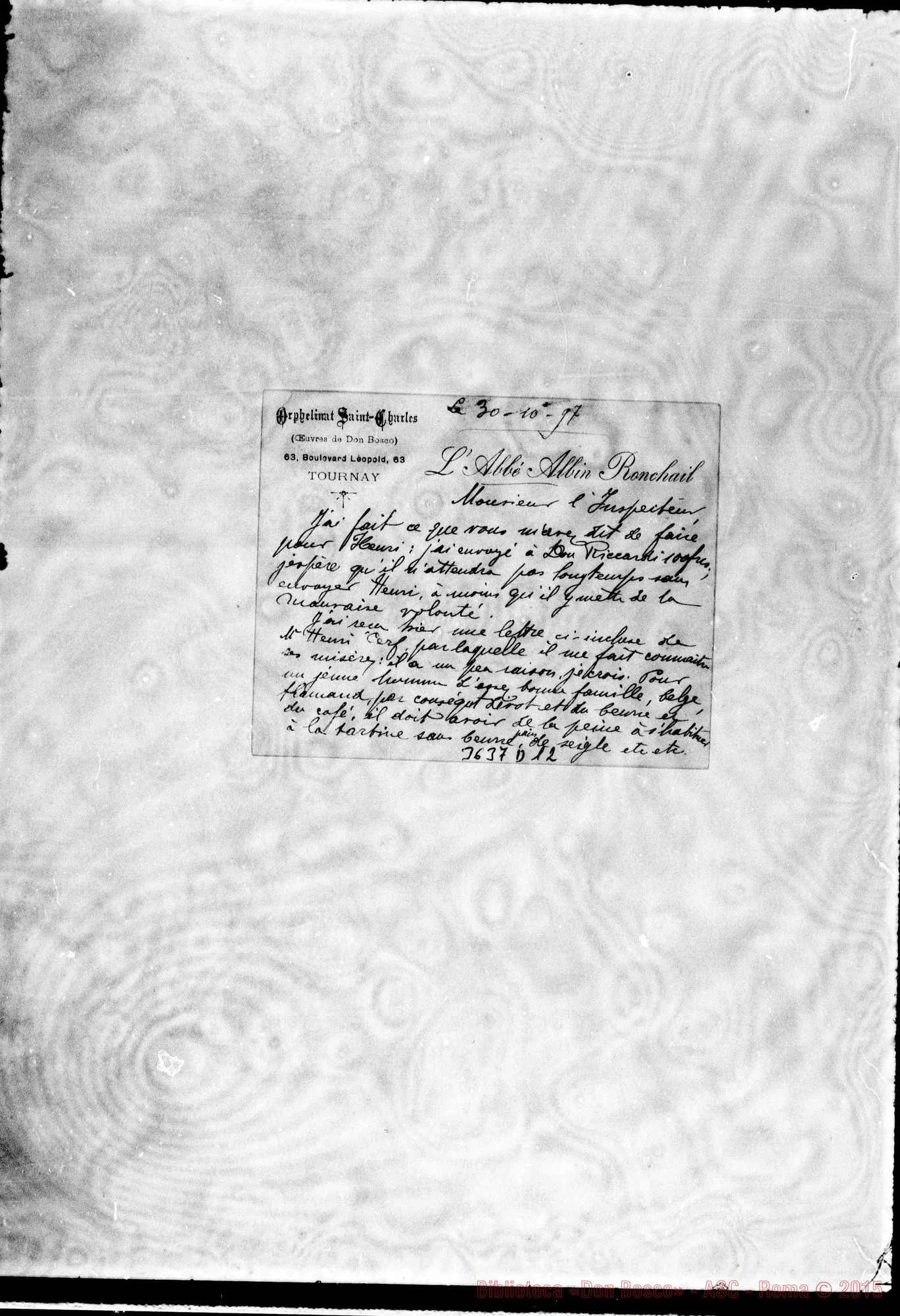 Fotogramma D 12 — L’Abbé Albin Ronchail-Ispettore. Tournai, 30-10-1897