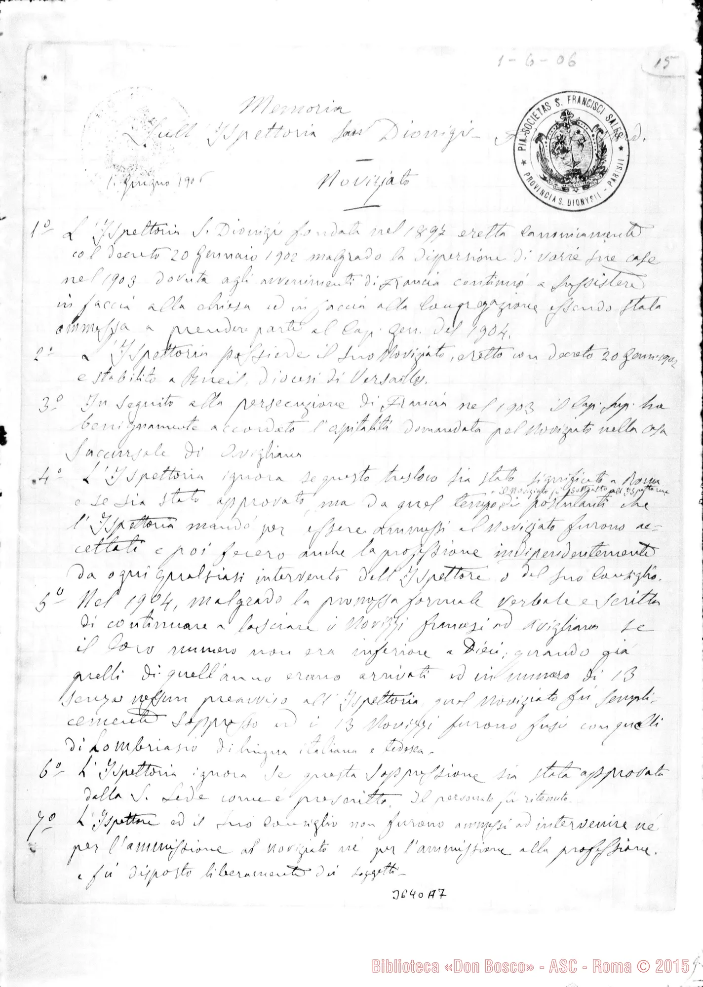 Fotogramma A 7 — «Memoria sulTIspettoria San Dionigi».