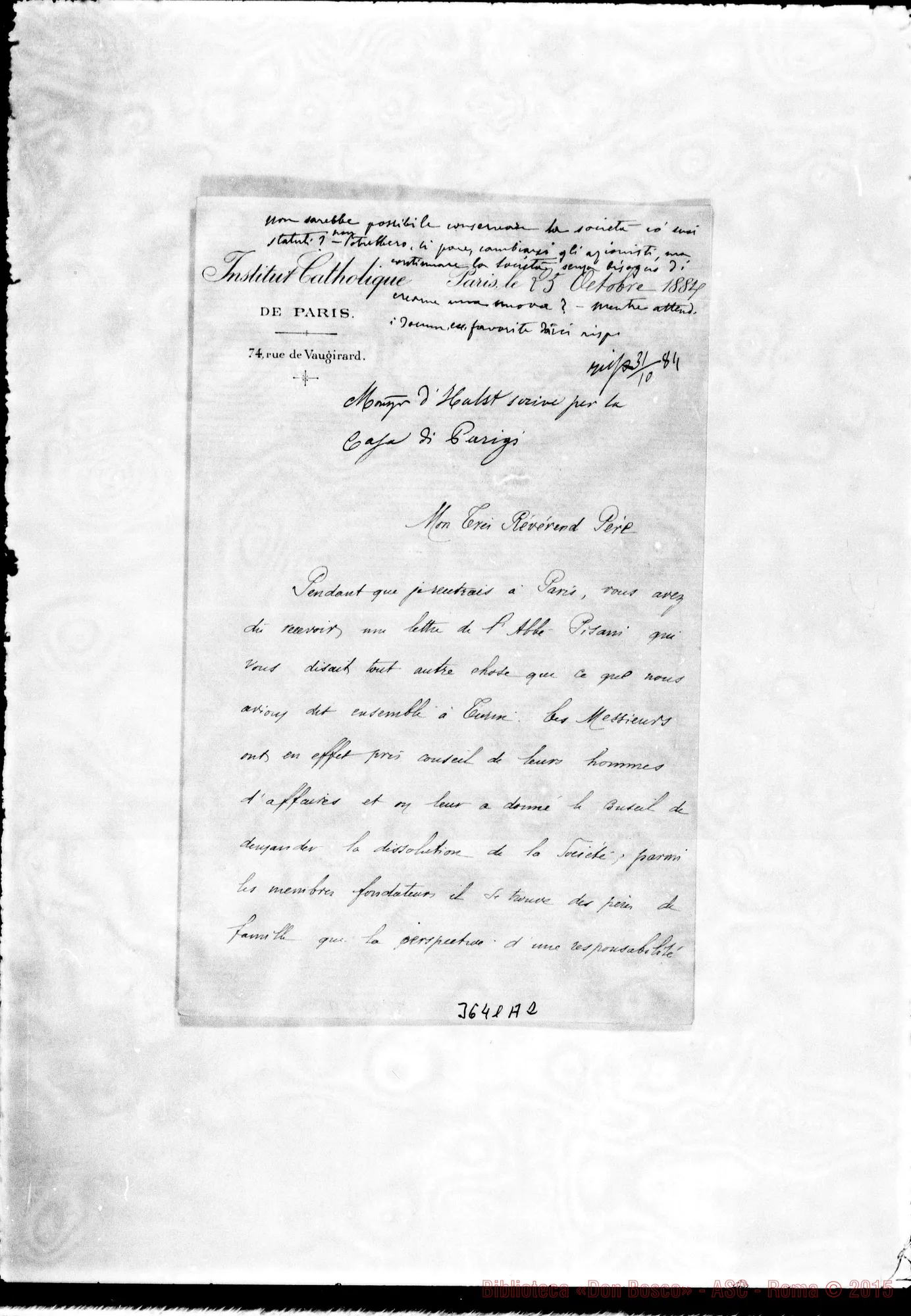 Fotogramma A 2 — Mons. D’Hulst, dell’Ist. Catt.-Don Rua. Paris, 25-10-1884 Autogr. Rua