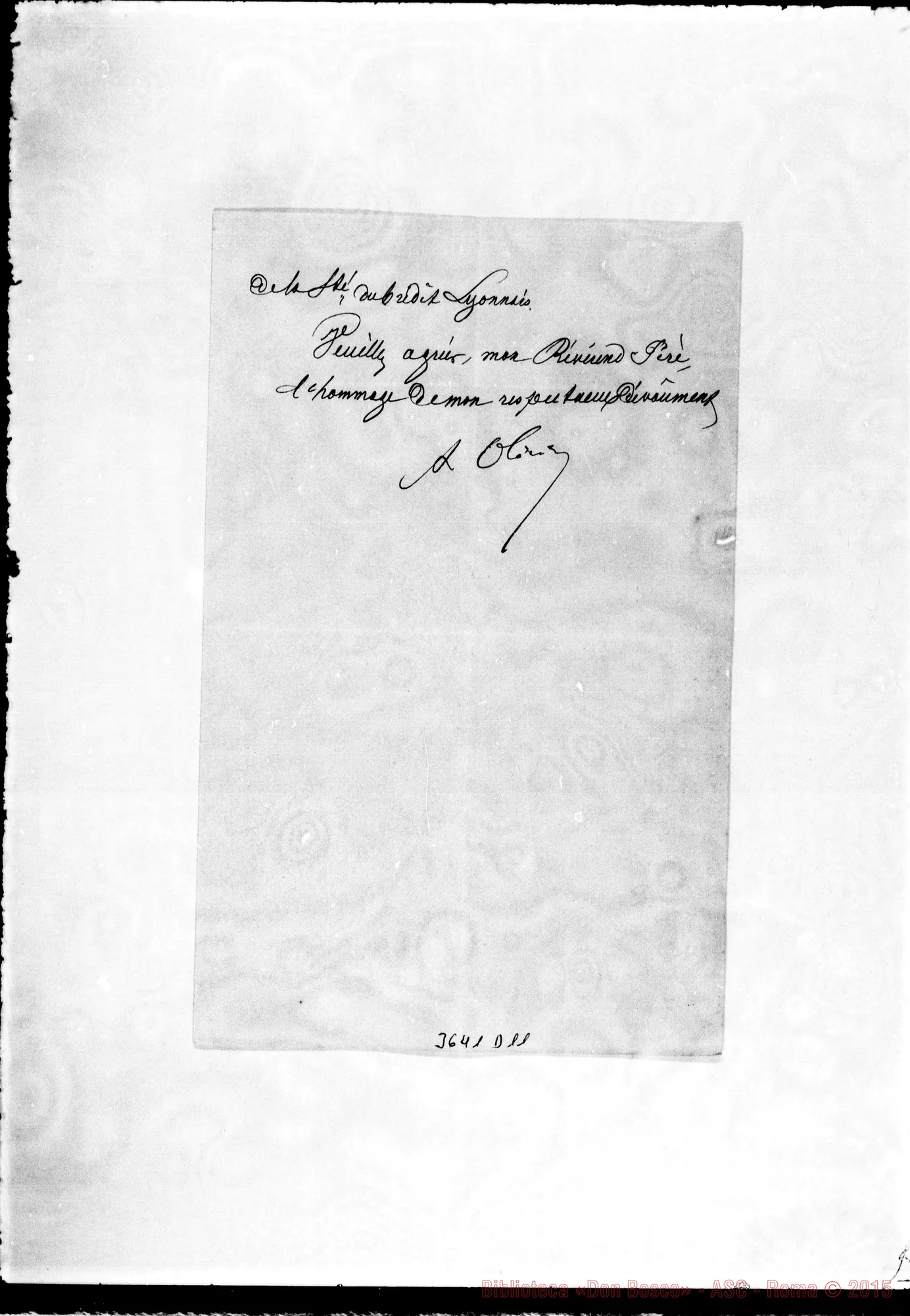 Fotogramma D 11 — André Olivier-Révérend Pére. Paris, 30-12-1887. Autogr. Rua