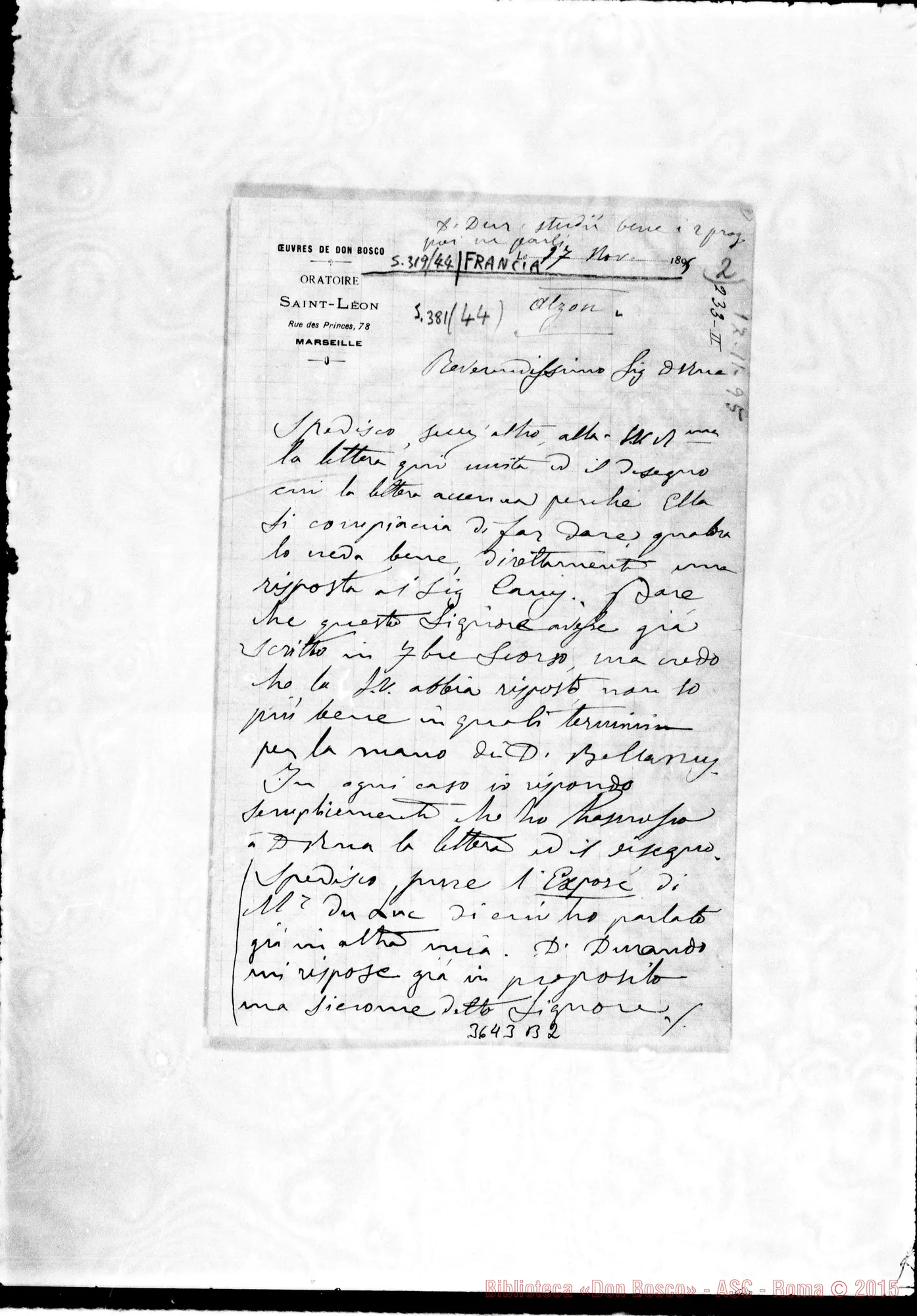 Fotogramma B 2 — Don Bologna-Don Rua. Marseille, 27-11-1895 Autogr. Rua