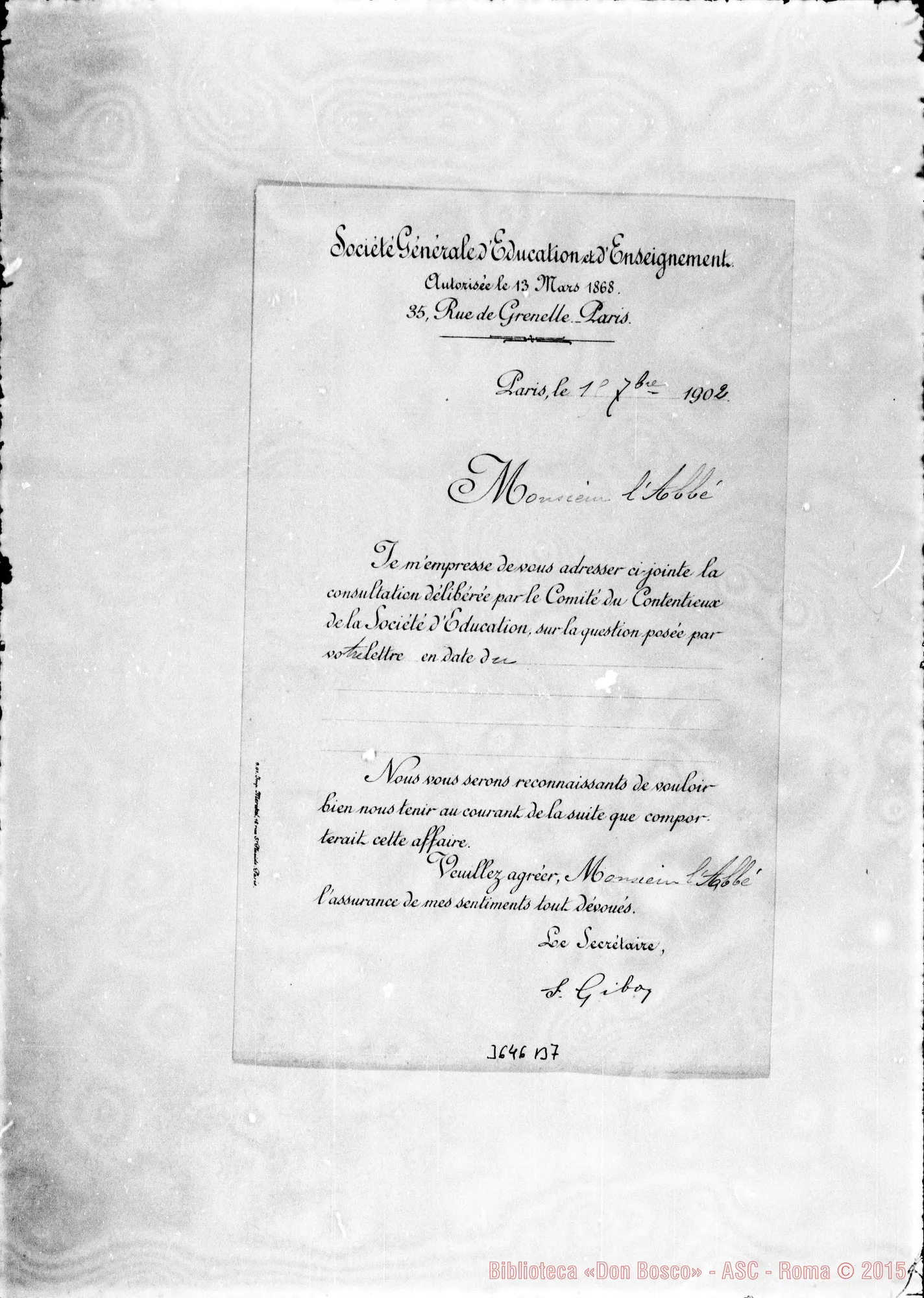 Fotogramma B 7 — Gibo, del Ministero di Pubblica Istr.-Don Bologna. Paris, 1-09-1902