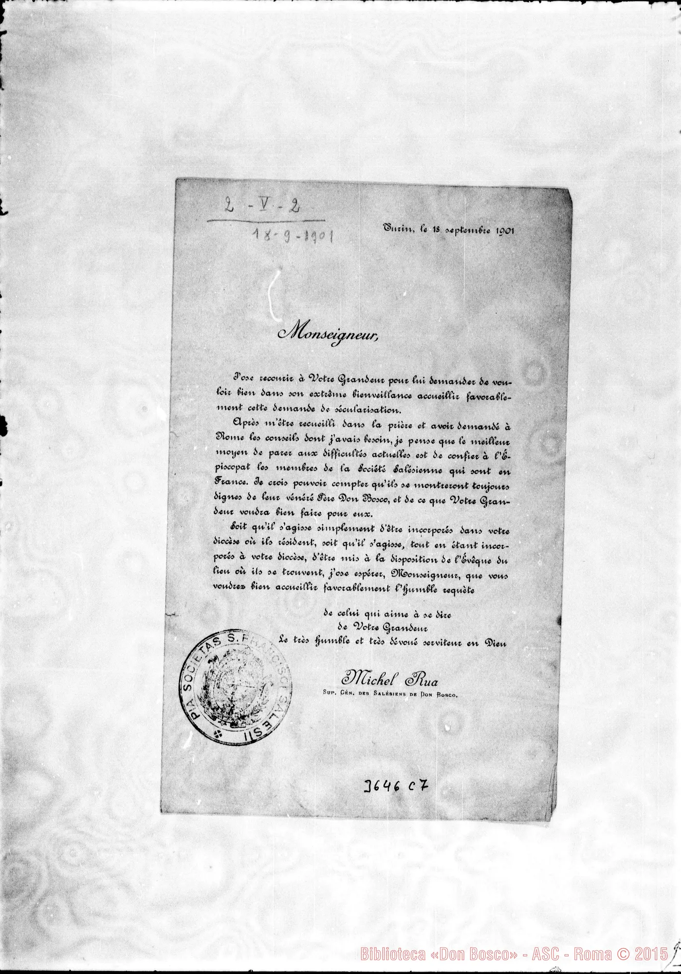 Fotogramma C 7 — Don Rua-Monseigneur. Lettera circolare. Stampato. Turin, 18-09-1901