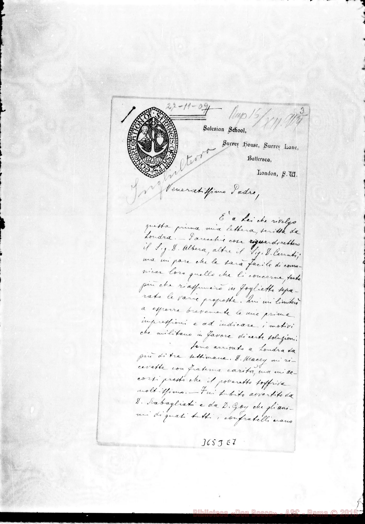 Fotogramma E 7 — Don Francesco Scaloni-Amat.mo Padre. Battersea, 27-11-1909