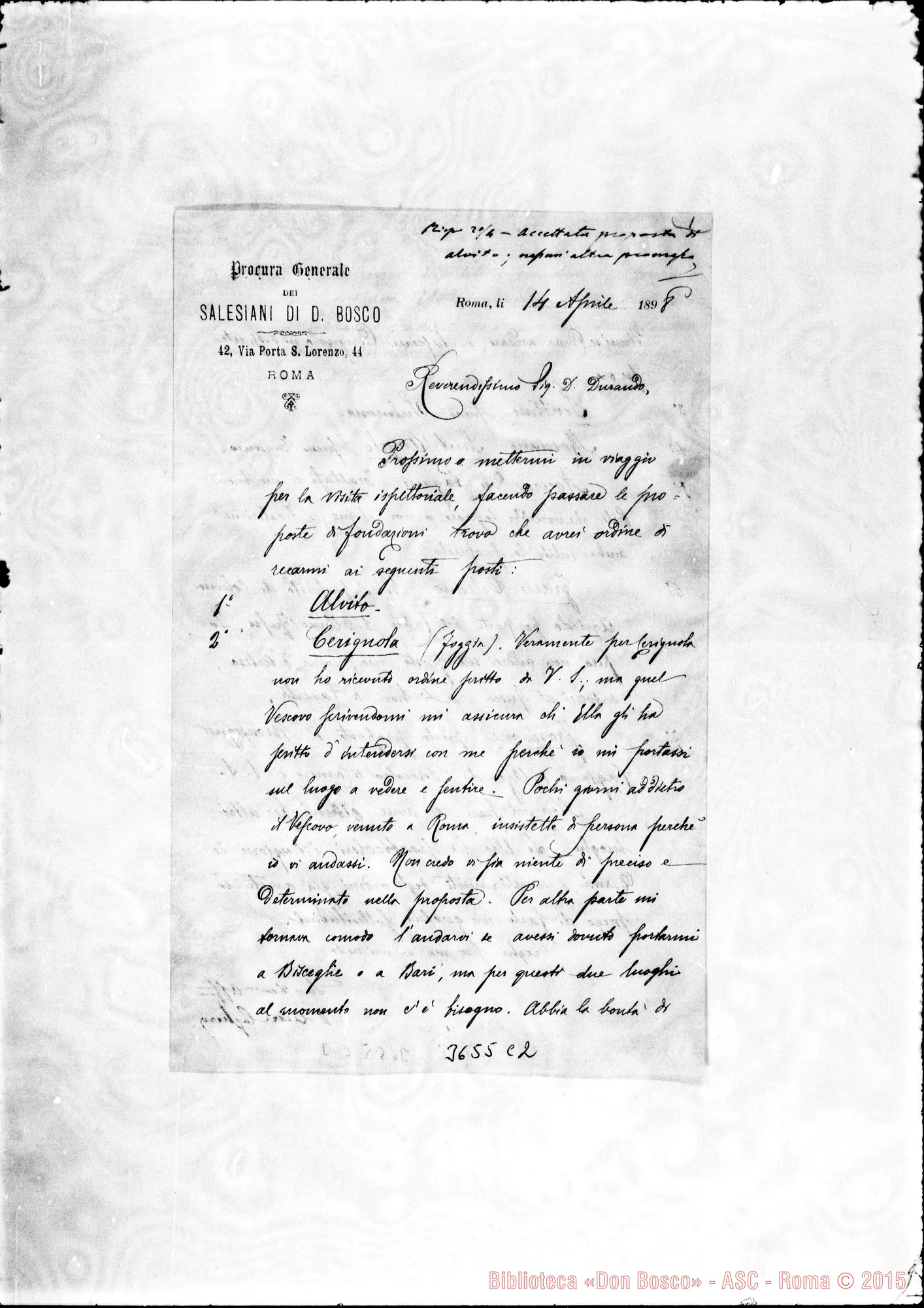 Fotogramma C 2 — Don Cagliero Cesare-Don Durando. Roma, 14-04-1898