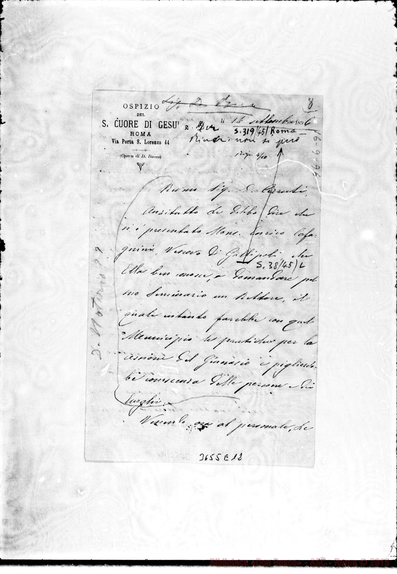 Fotogramma E 12 — Don Cagliero Cesare-Don Cerruti. Roma, 16-09-1896 Autogr. Rua