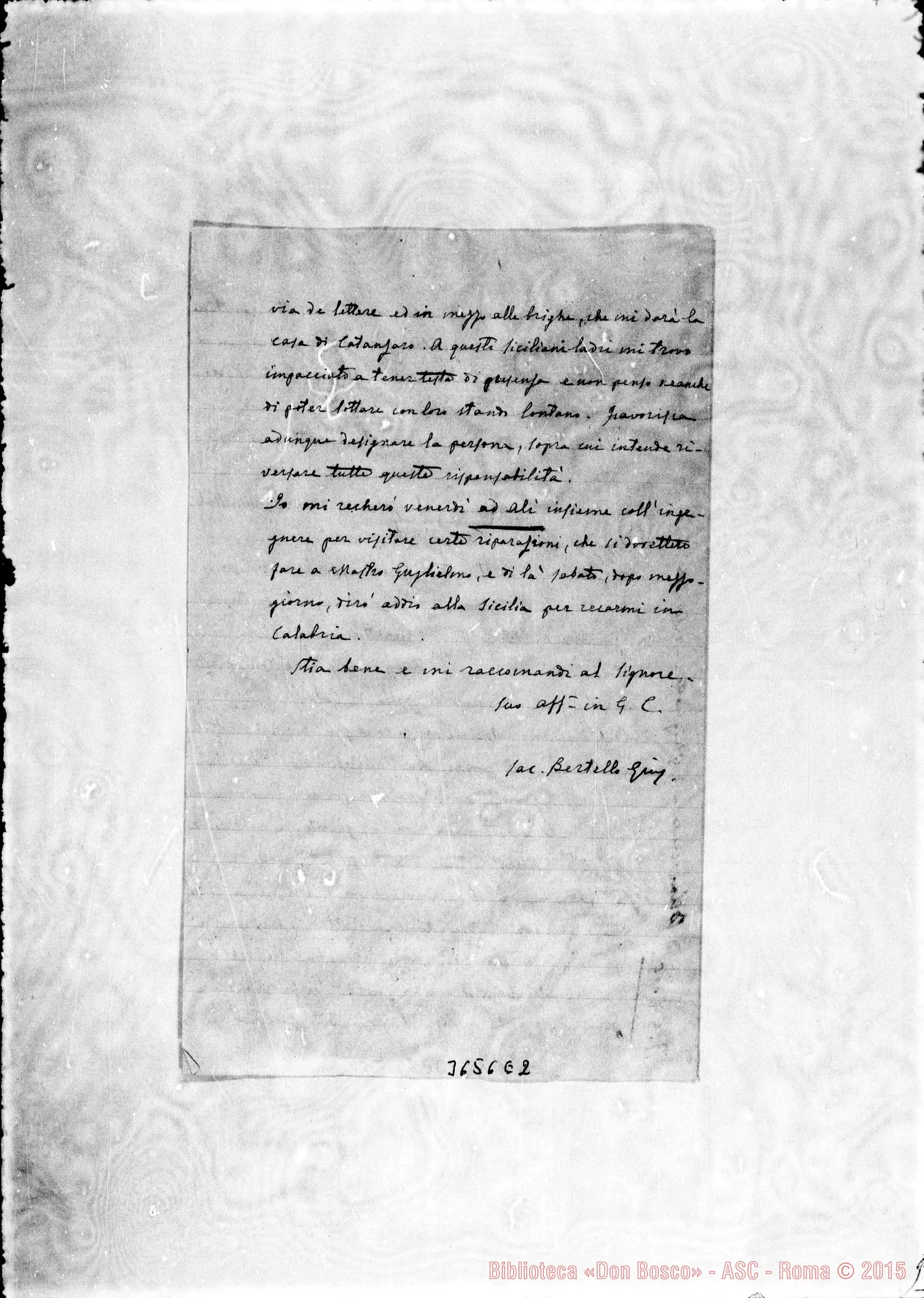 Fotogramma E 2 — Don Bertello Giuseppe-Don Rua. Catania, 5-06-1895 Autogr. Rua