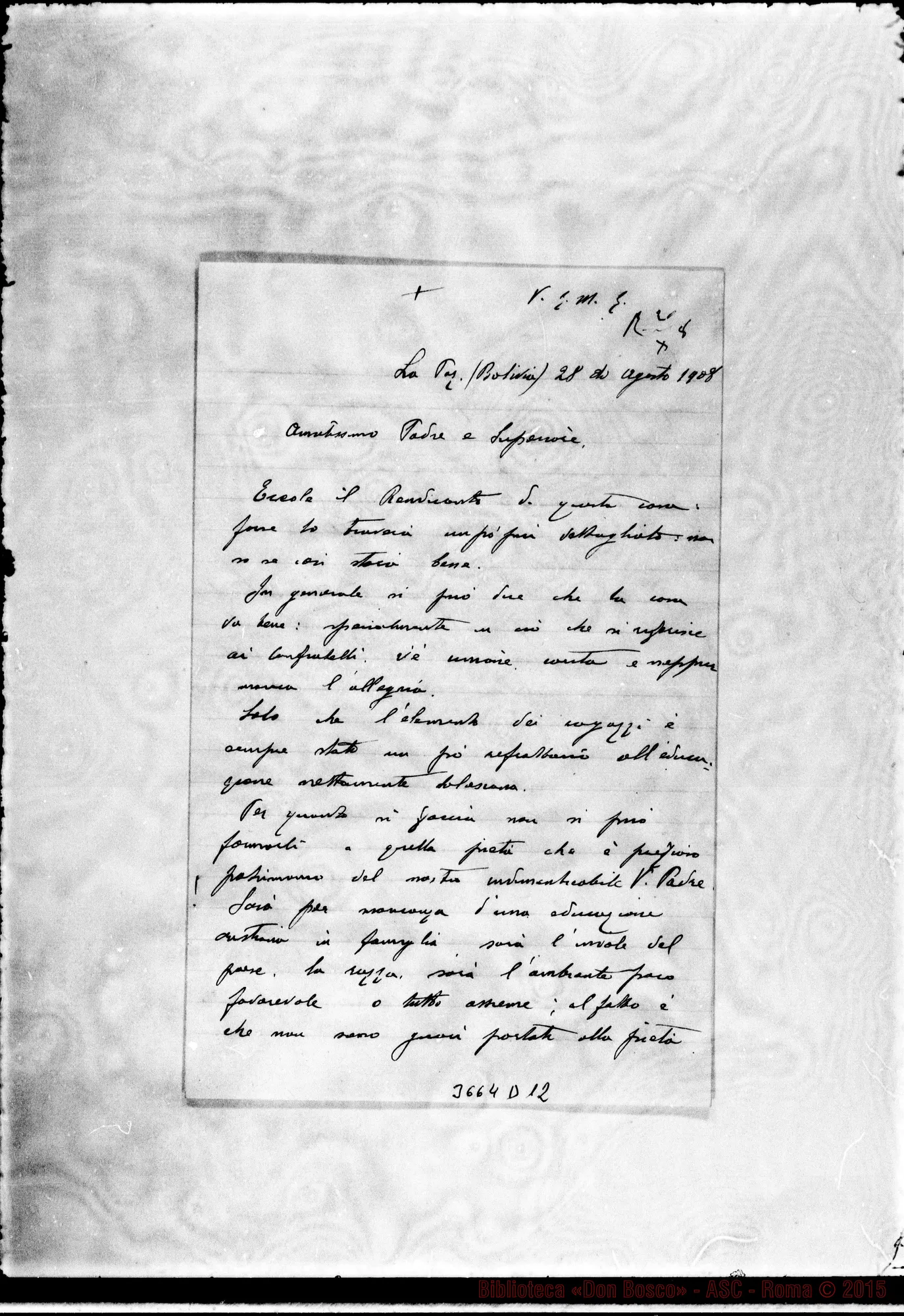 Fotogramma D 12 — Don Reyneri-Amat.mo Padre. La Paz, 28-08-1908