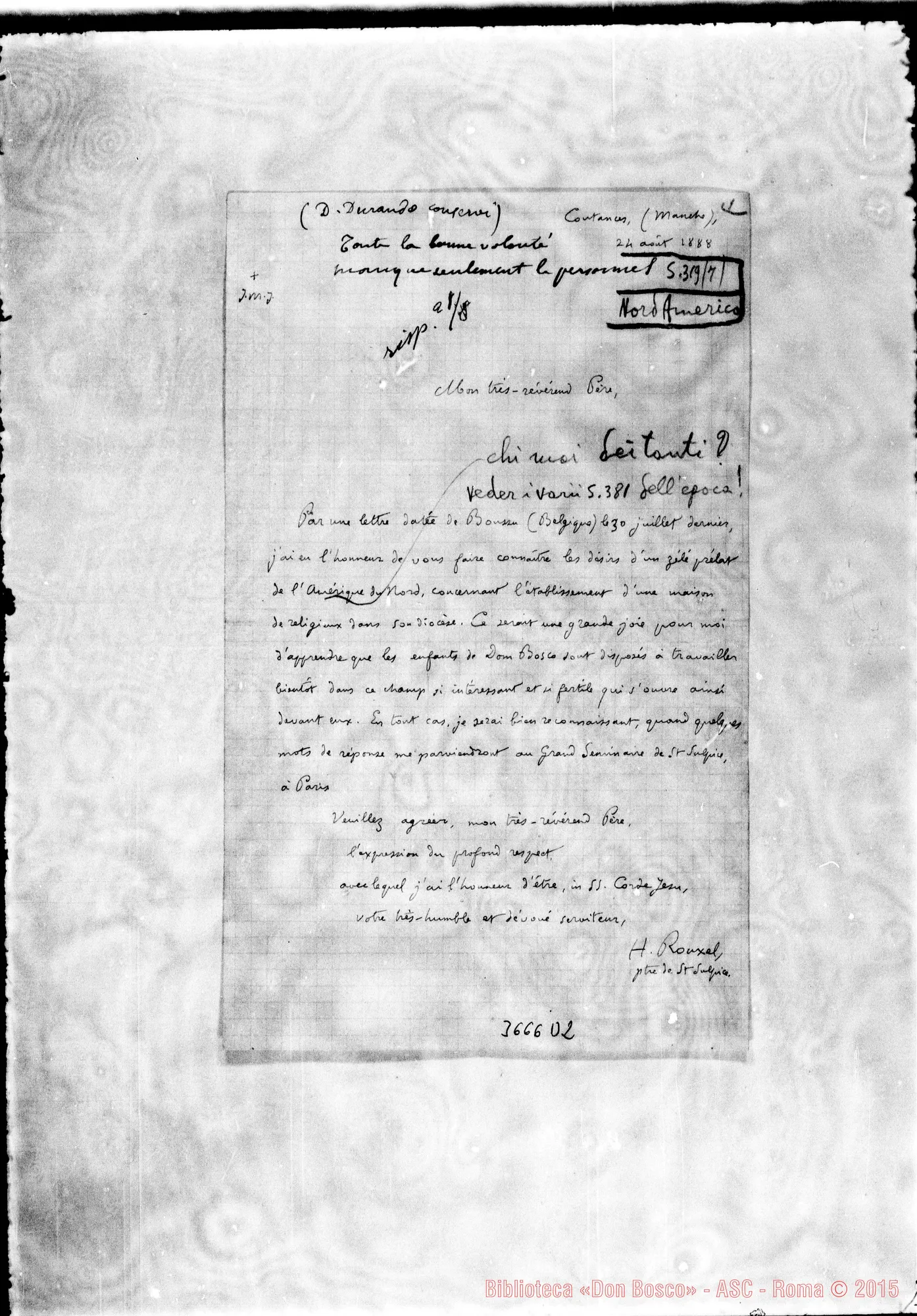 Fotogramma D 2 — Stati Uniti-Est: H. Rouxel, sac.-Révérend Père. Coutances, 24-08-1888 Autogr. Rua