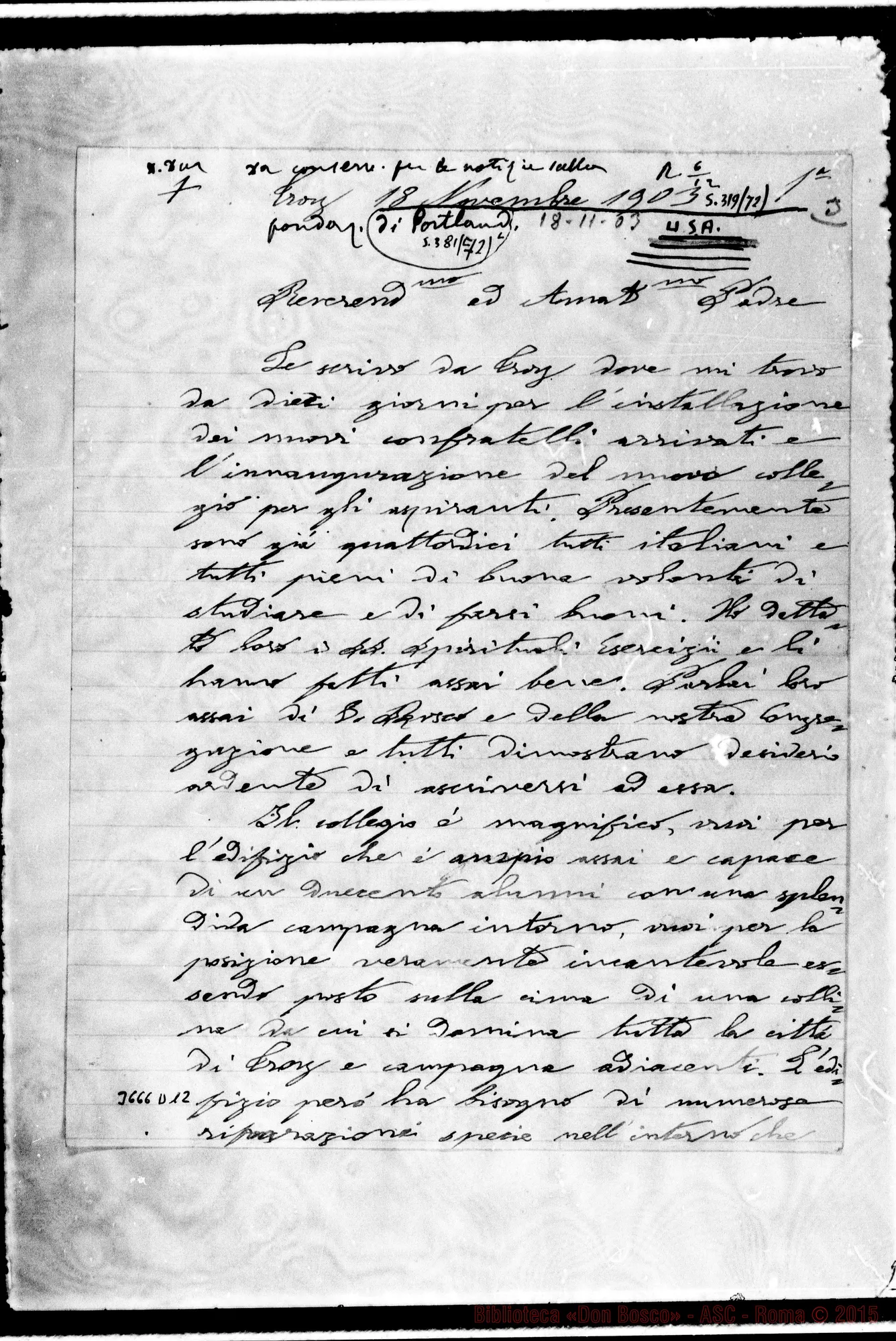 Fotogramma D 12 — Don Borghino-Amat.mo Padre. Troy, 18-11-1903 Autogr. Rua