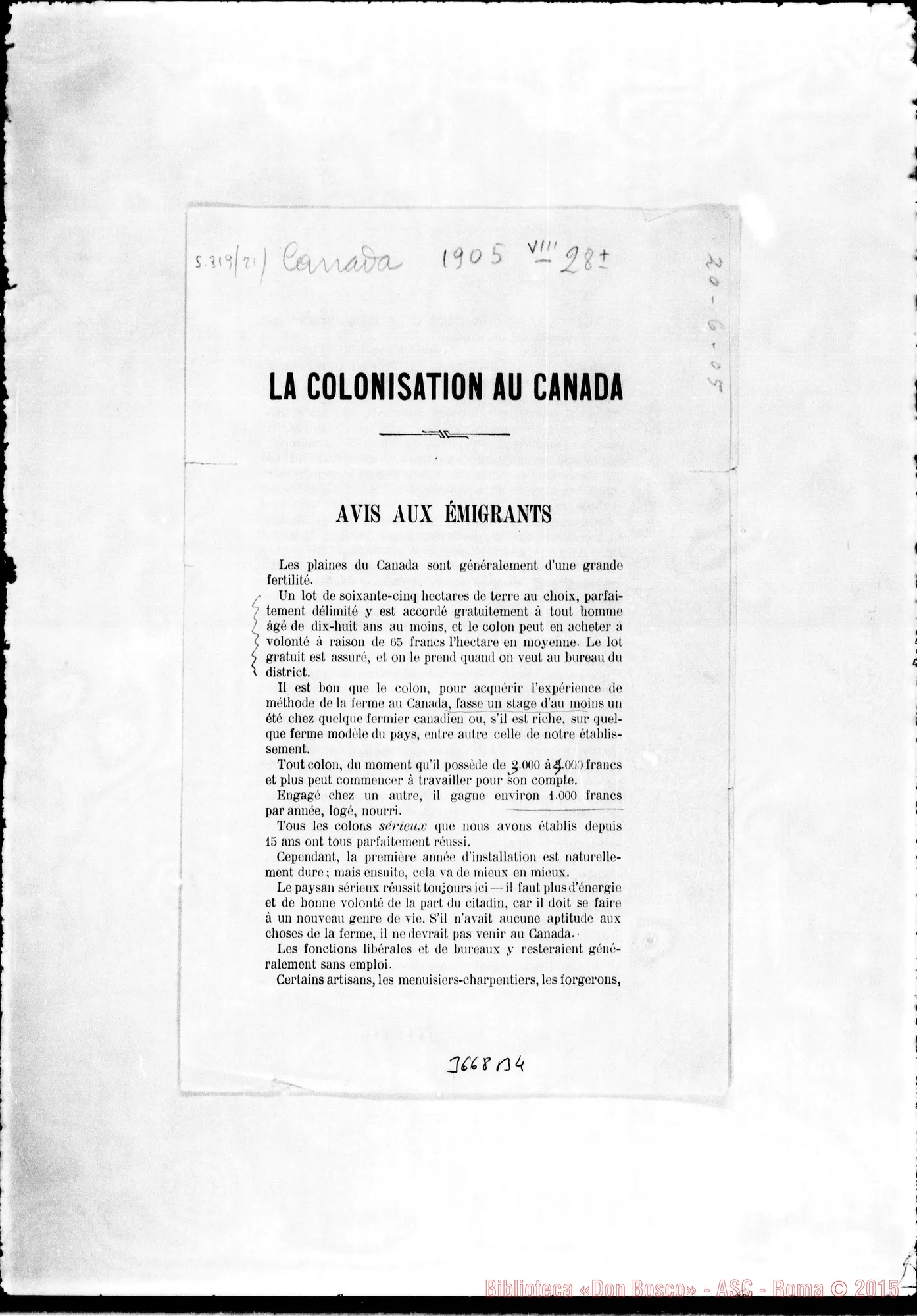 Fotogramma B 4 — «La Colonisation au Canada». Stampato