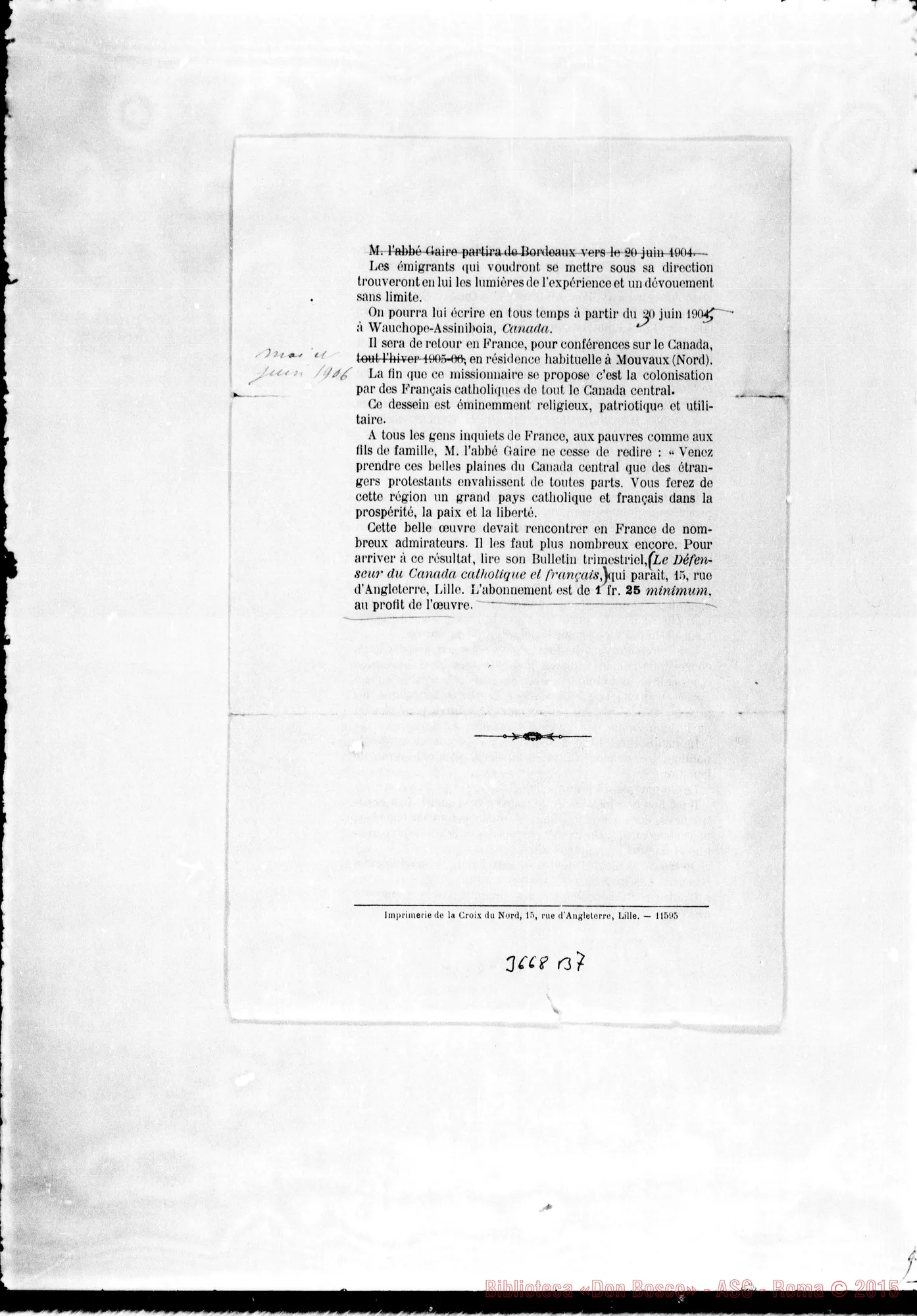 Fotogramma B 7 — «La Colonisation au Canada». Stampato