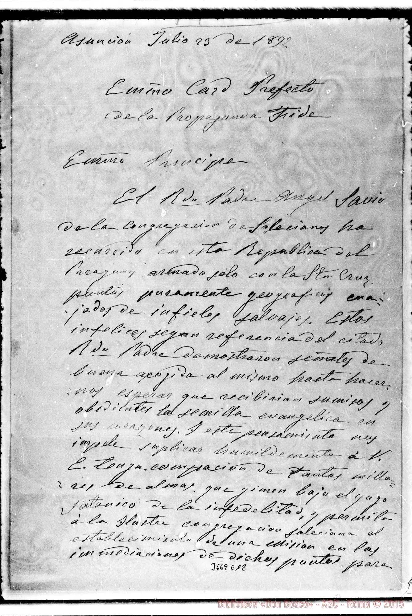 Fotogramma E 12 — B. Palacios-Card. Pref. di Propaganda Fide. Asunción, 23-07-1892