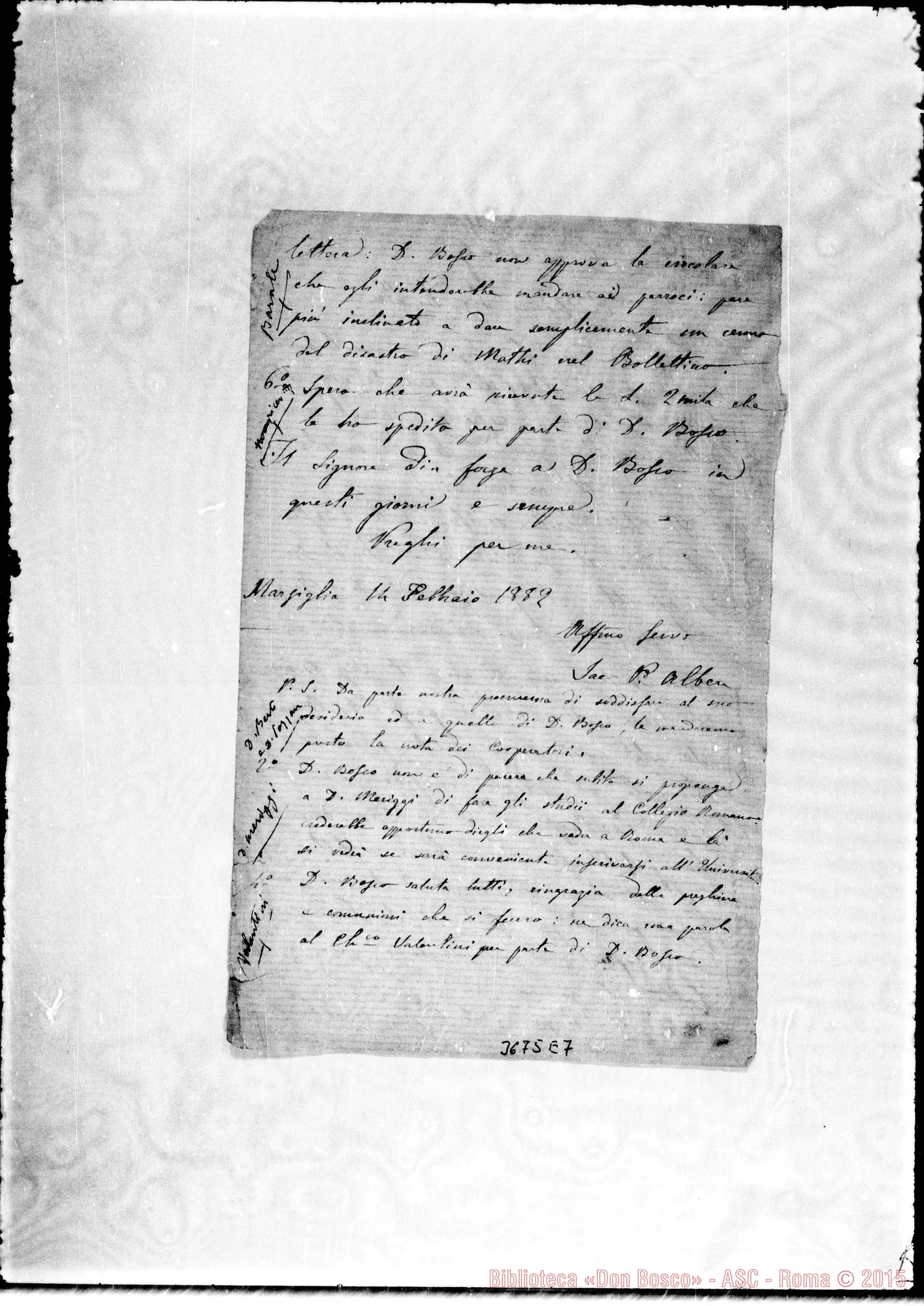 Fotogramma E 7 — « « Marsiglia, 14-02-1882 Autogr. Rua