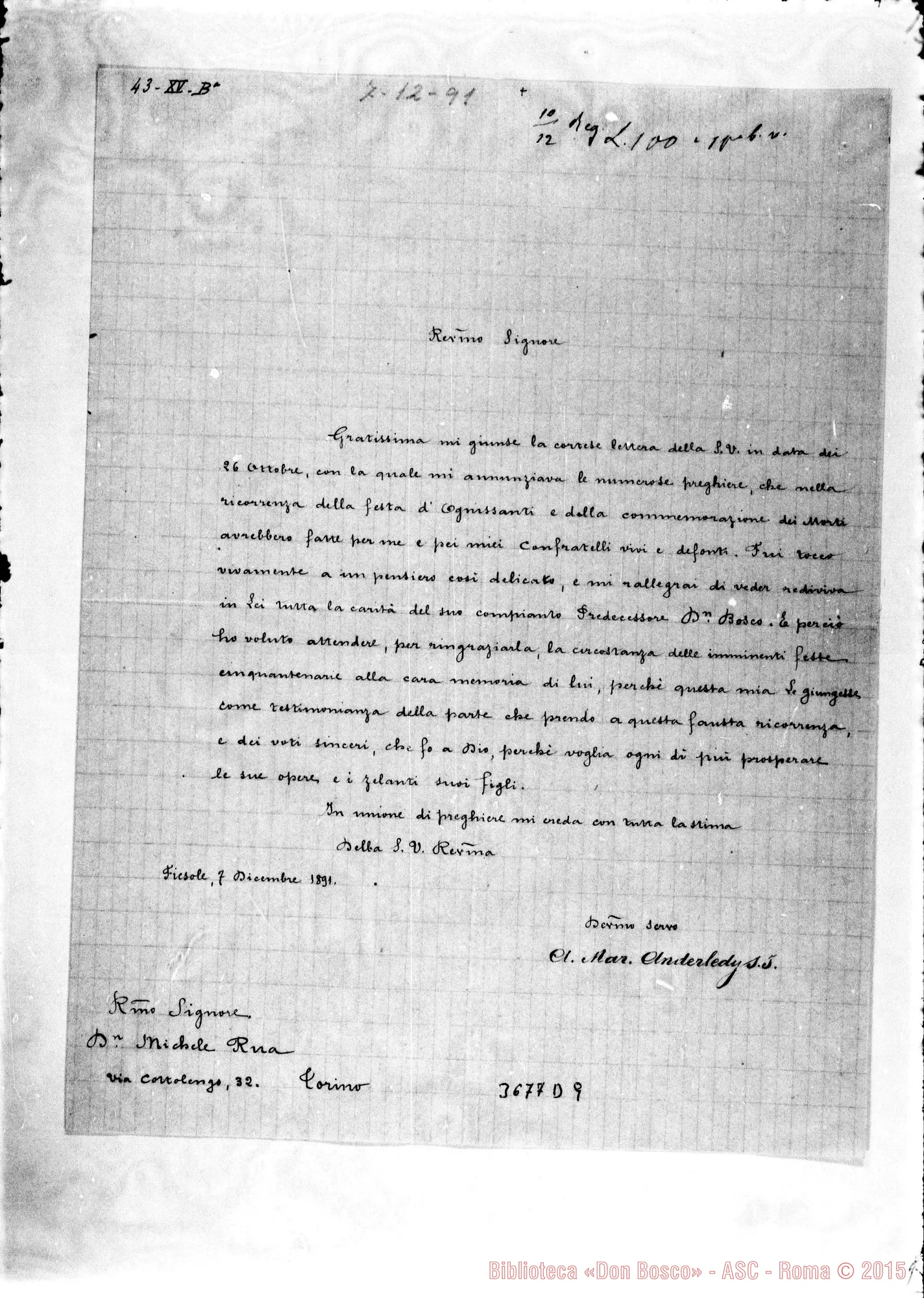 Fotogramma D 9 — Anderledy Antonio, Gen. dei Gesuiti Fiesole, 7-12-1891 Autogr. Rua