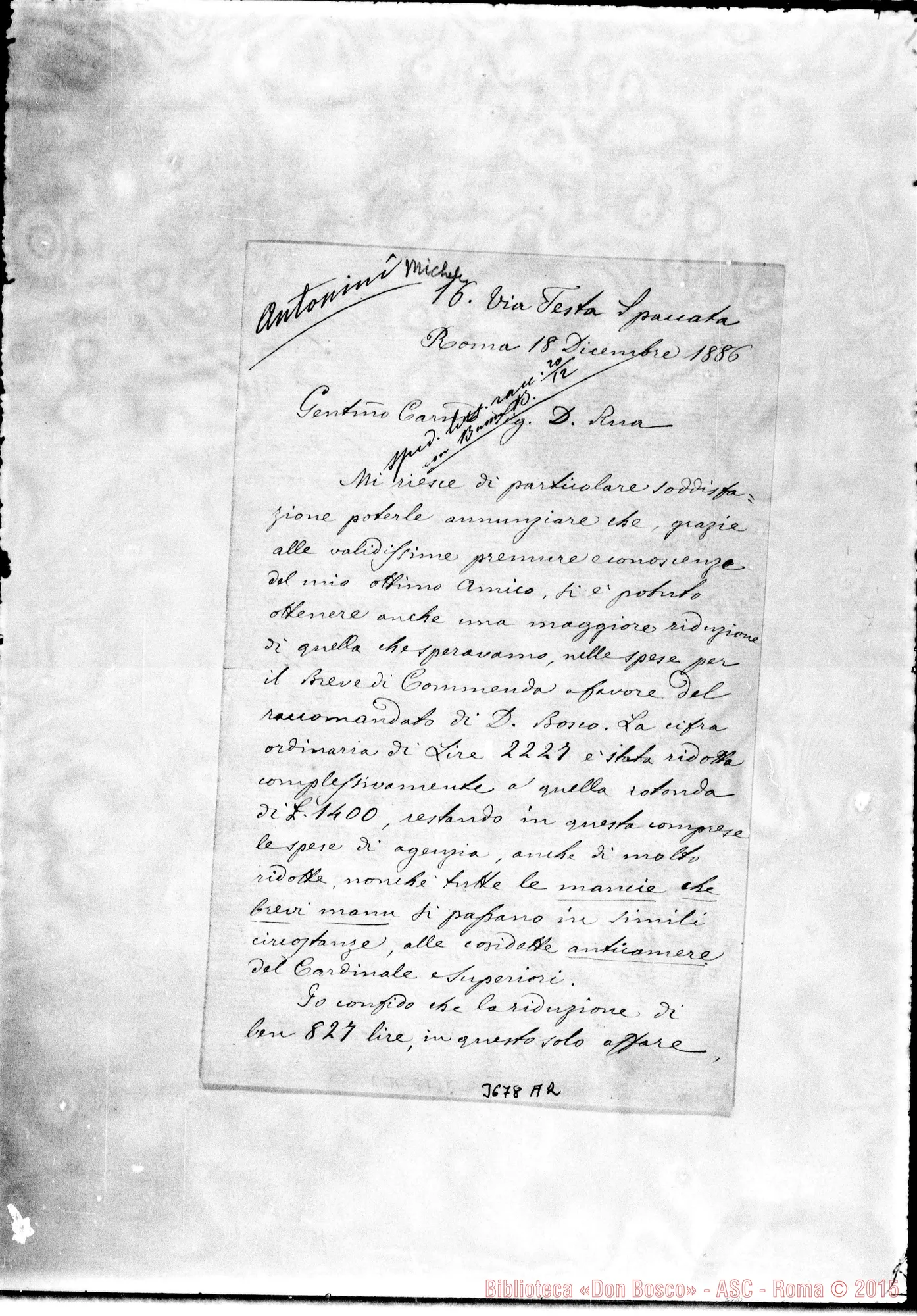 Fotogramma A 2 — Antonini Michele, Mons. Roma, 18-12-1886