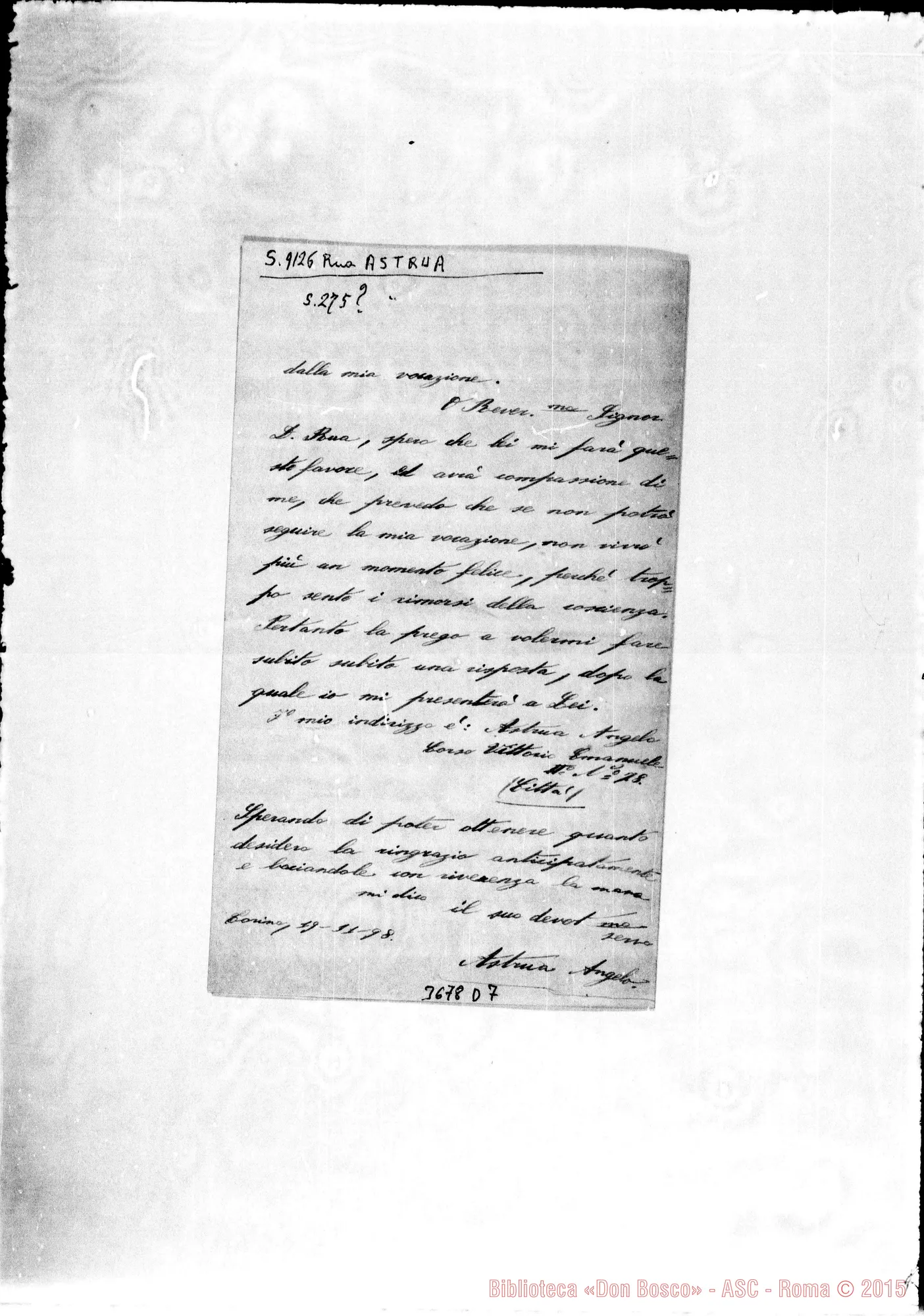Fotogramma D 7 — Astrua Angelo Torino, 19-11-1898 Autogr. Rua