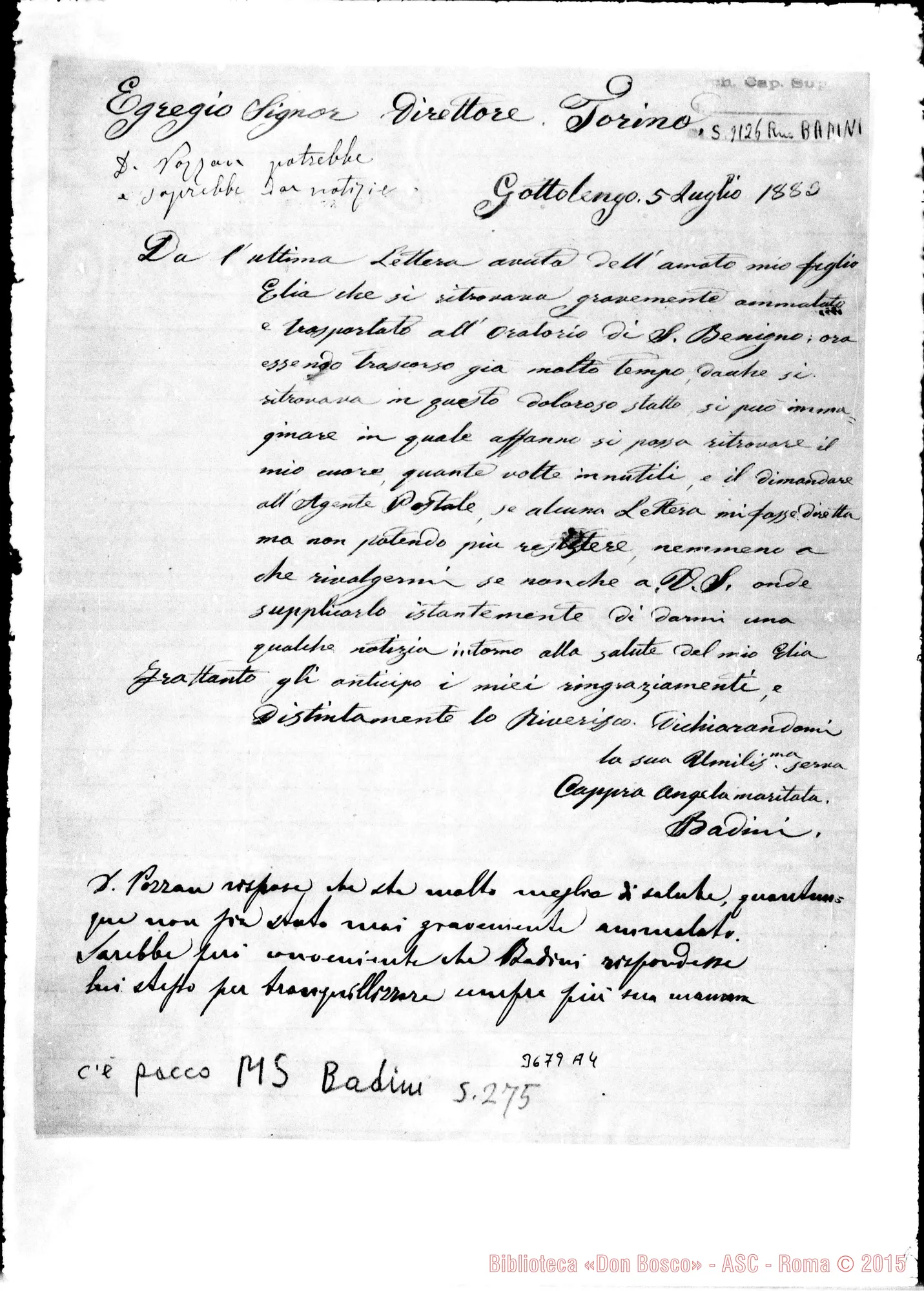 Fotogramma A 4 — Badini Angela Cappra Cottolengo, 5-07-1883 Autogr. Rua