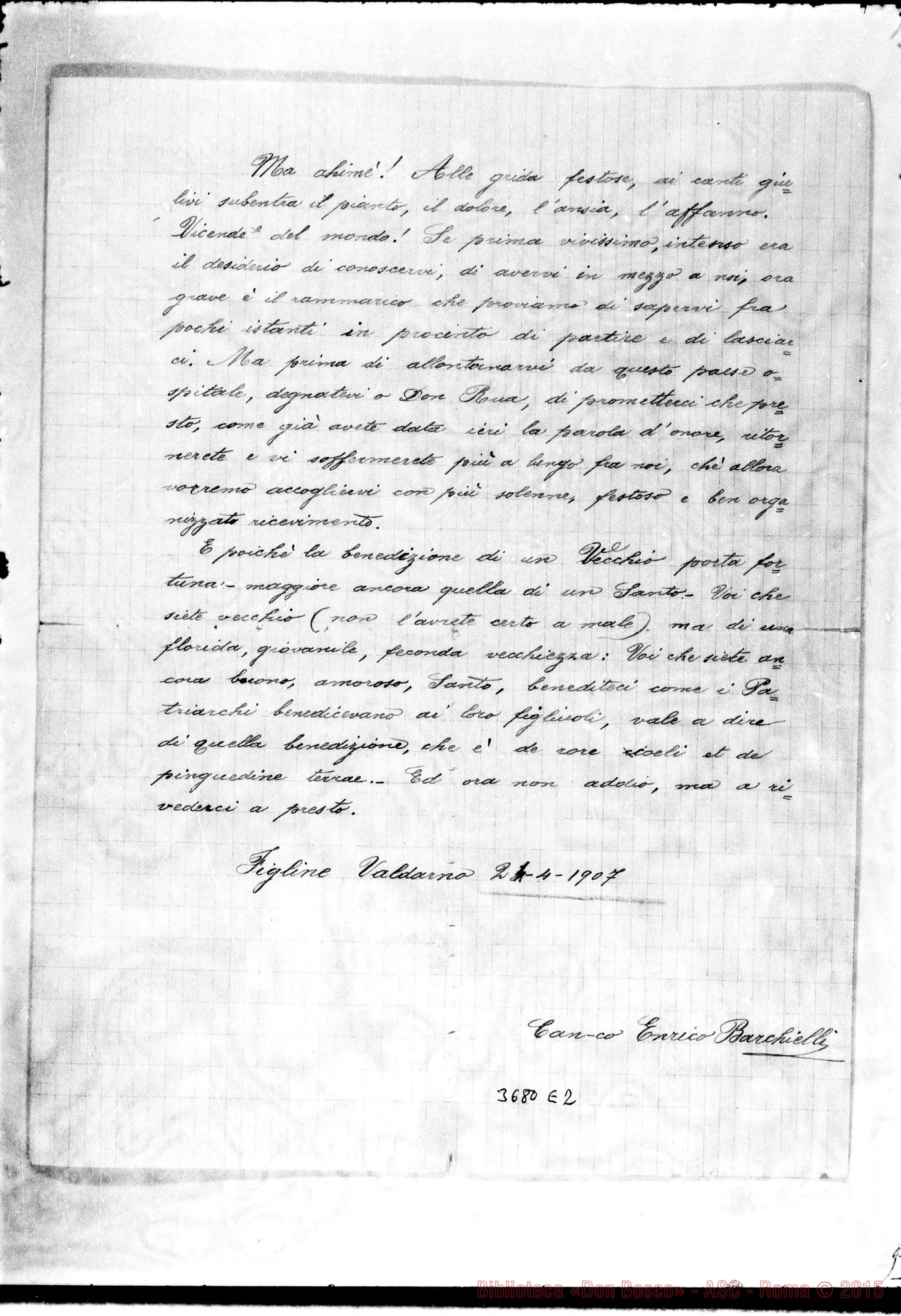 Fotogramma E 2 — Barchielli Enrico, sac. Figline V., 24-04-1907 Autogr. Rua in busta