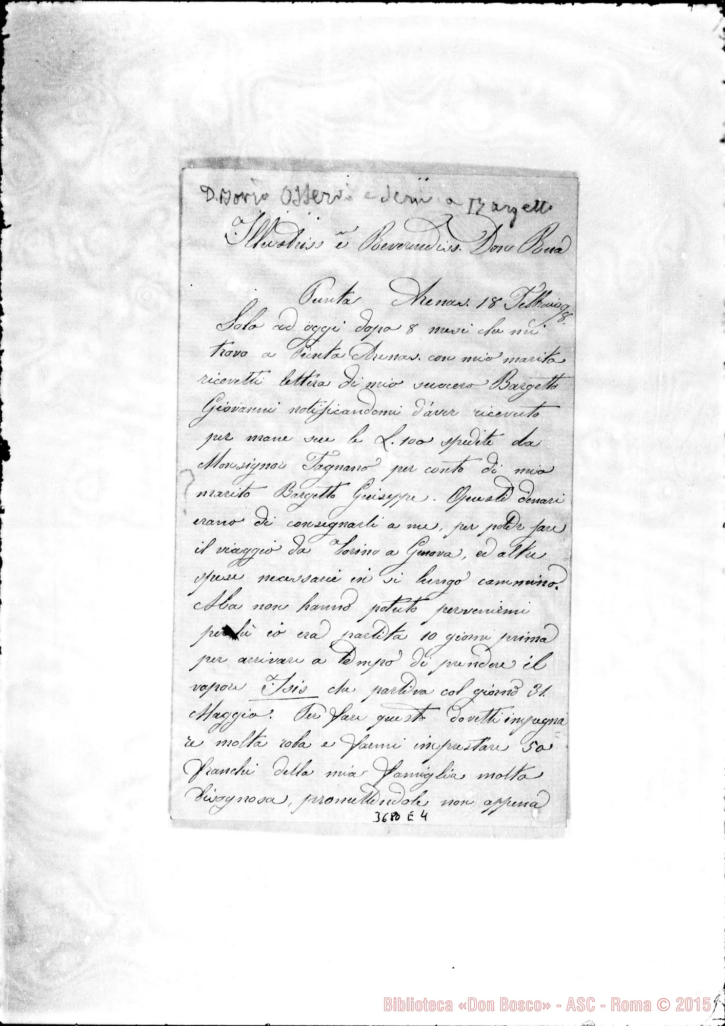 Fotogramma E 4 — Bargetto Giuseppe Puntarenas, 18-02-1898 Autogr. Rua su un biglietto