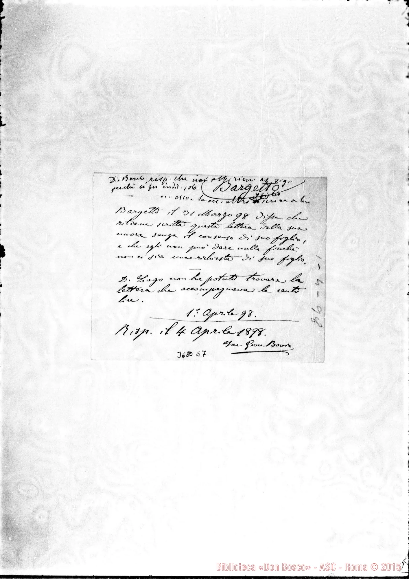 Fotogramma E 7 — Bargetto Giuseppe Puntarenas, 18-02-1898 Autogr. Rua su un biglietto
