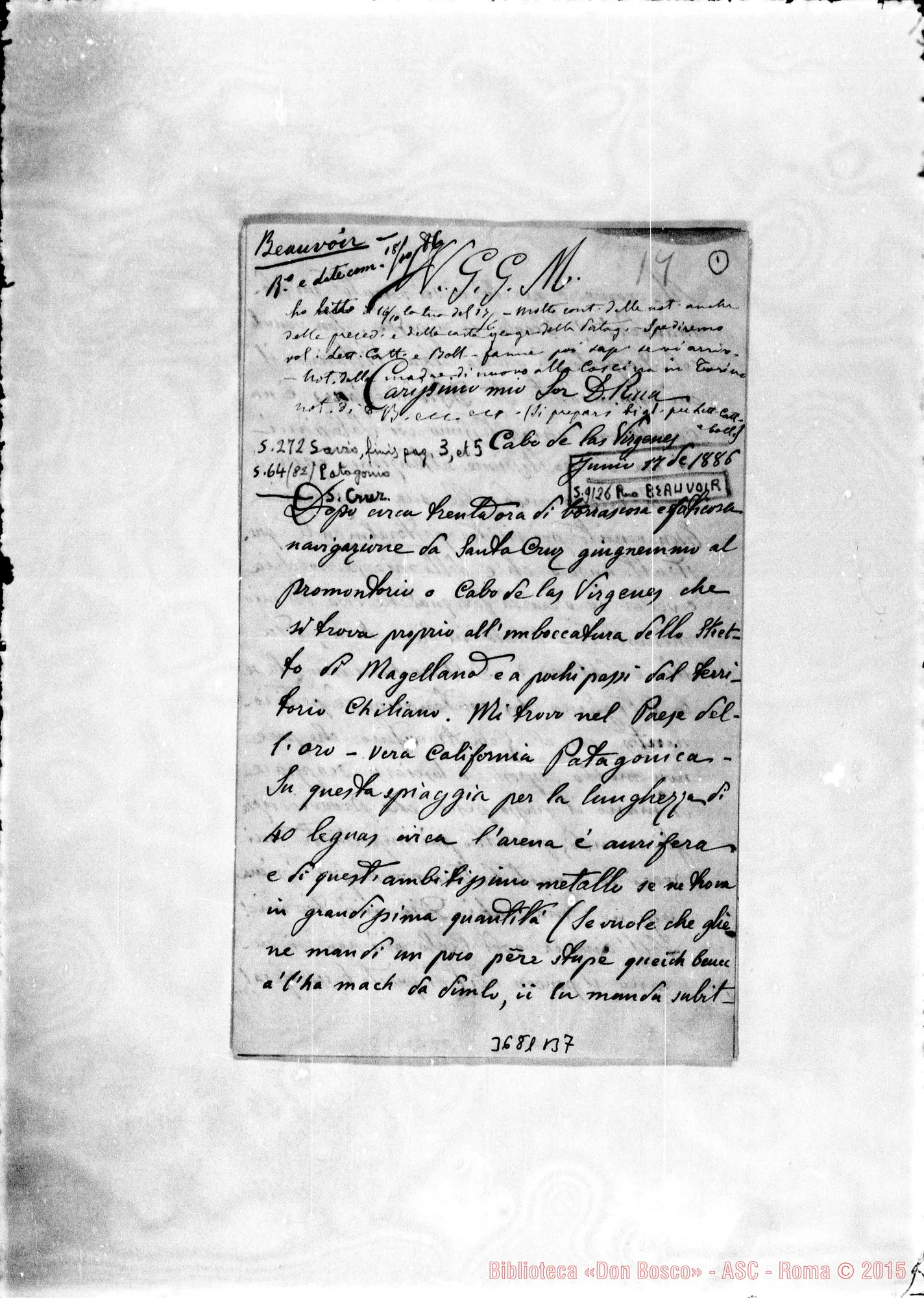 Fotogramma B 7 — « « Cabo Virgenes, 17-06-1886 Autogr. Rua