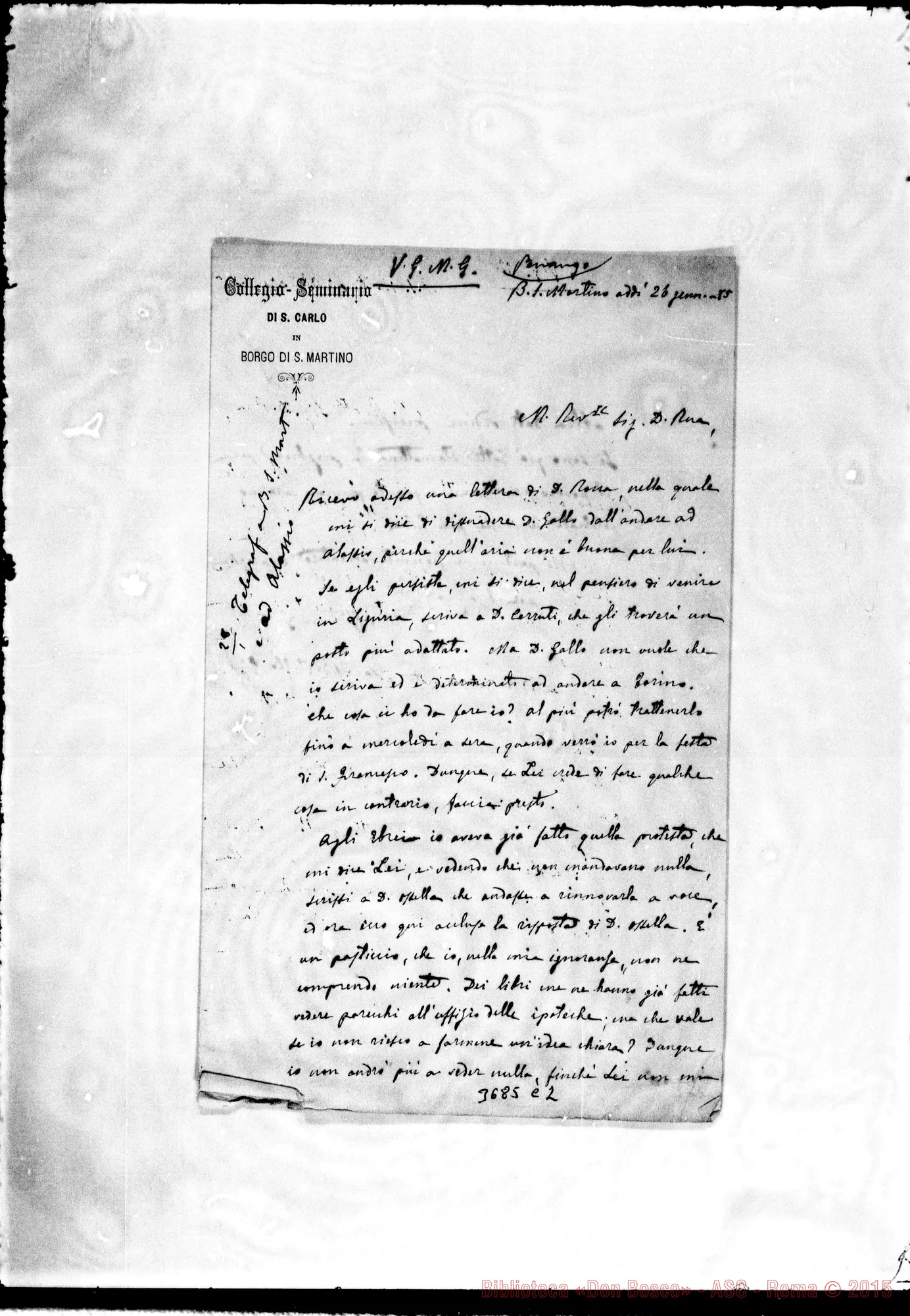 Fotogramma C 2 — Bertello Giuseppe, SDB Borgo S. Mart., 26-01-1885 Autogr. Rua. Segue lett. di D. Ossella