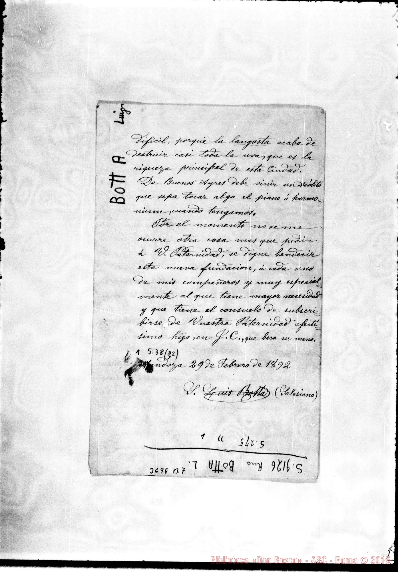 Fotogramma B 7 — Botta Luigi, SDB Mendoza, 29-02-1892 Autogr. Rua