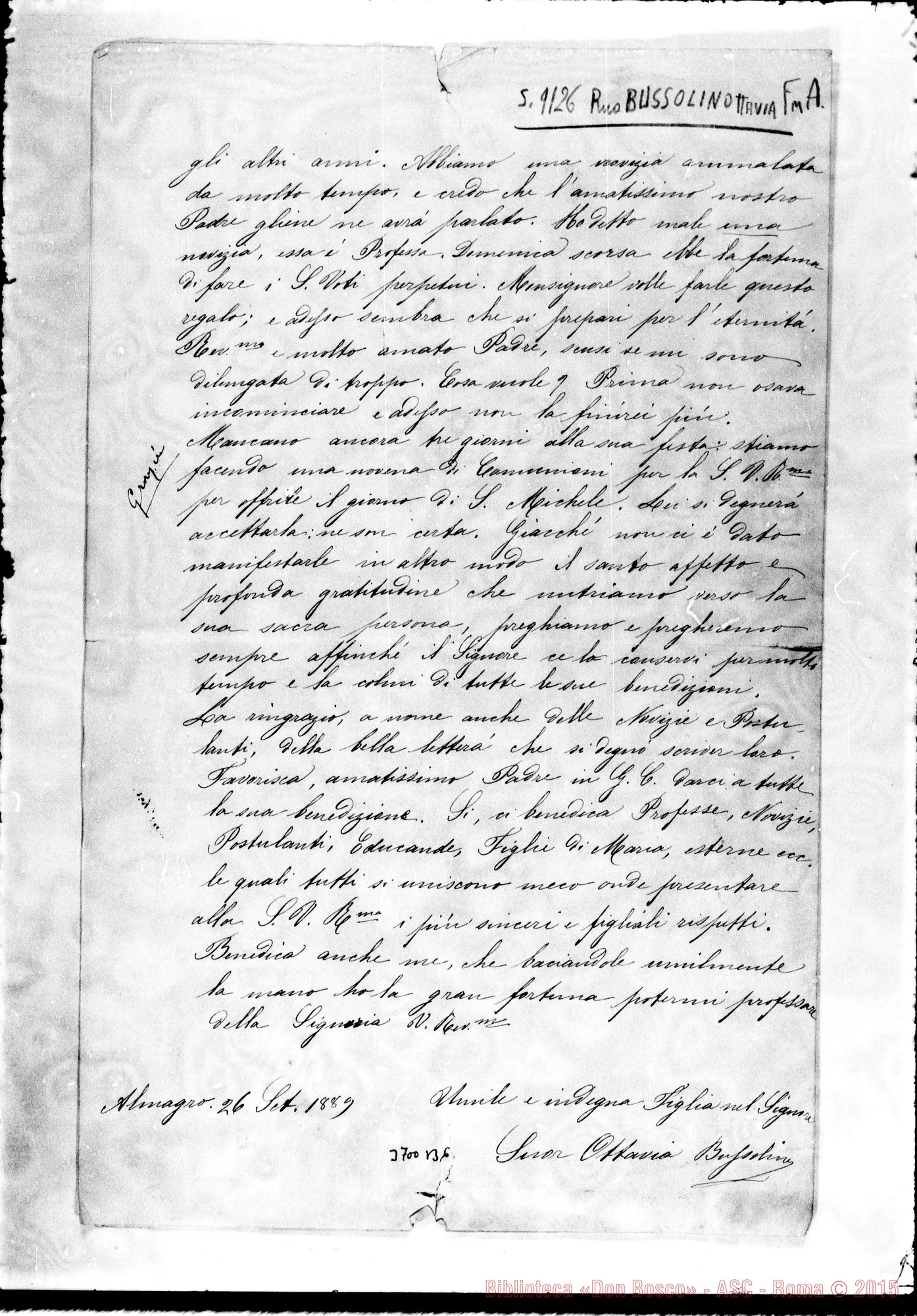 Fotogramma B 6 — Bussolino Ottavia, FMA Almagro, 26-09-1889 Autogr. Rua