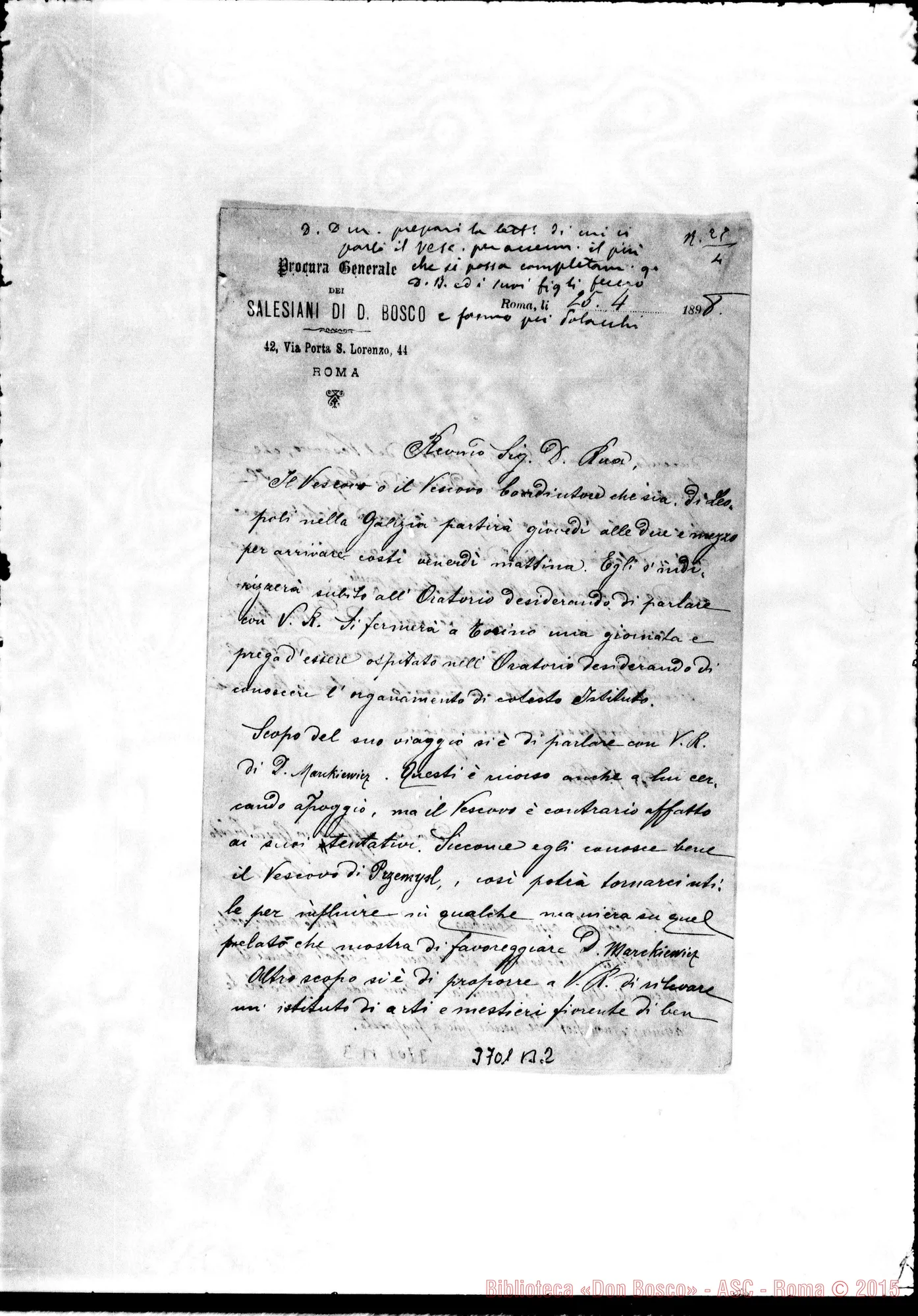 Fotogramma B 2 — Cagliero Cesare, SDB Roma, 25-04-1898 Autogr. Rua Cfr. anche da 3.826 B 10 in avanti