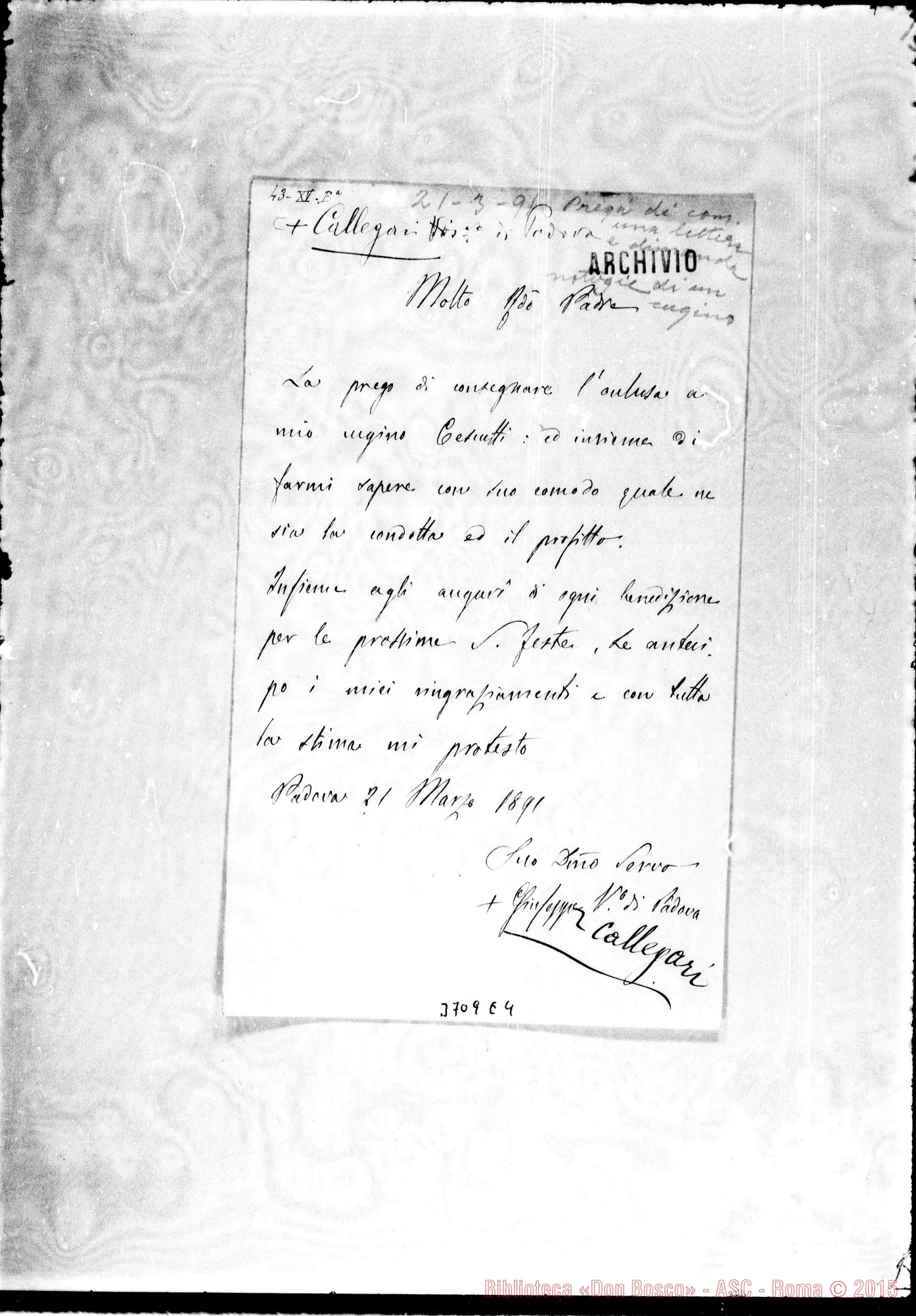 Fotogramma E 4 — Callegari Giuseppe, vesc. di Padova, 21-03-1891 Autogr. Rua