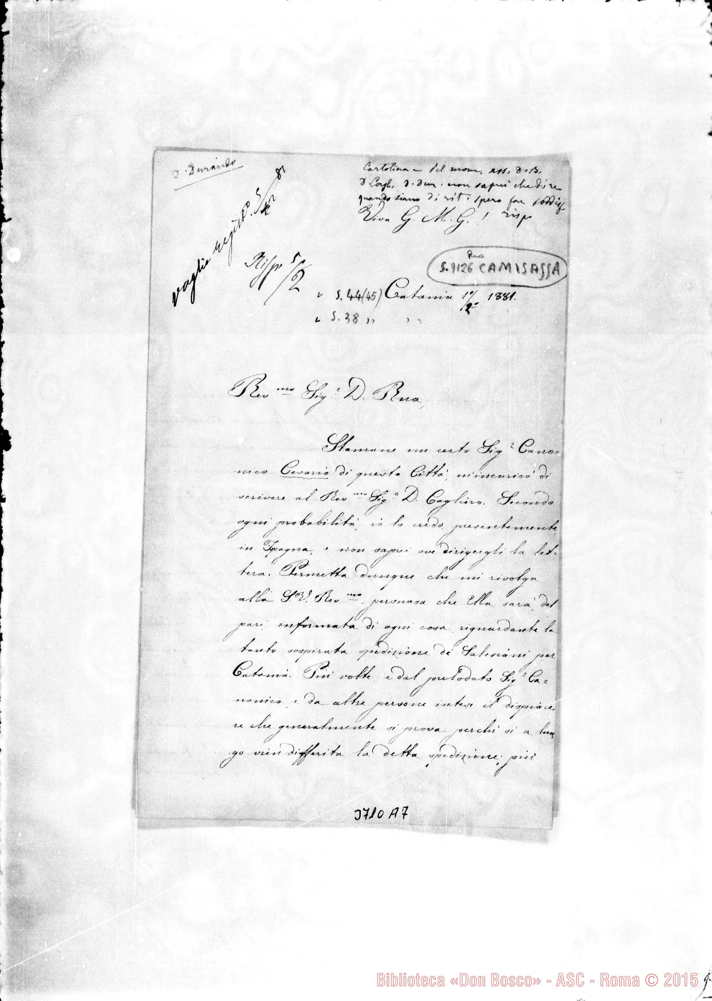Fotogramma A 7 — Camisassa Orsola, suora Catania, 1-02-1881 Autogr. Rua