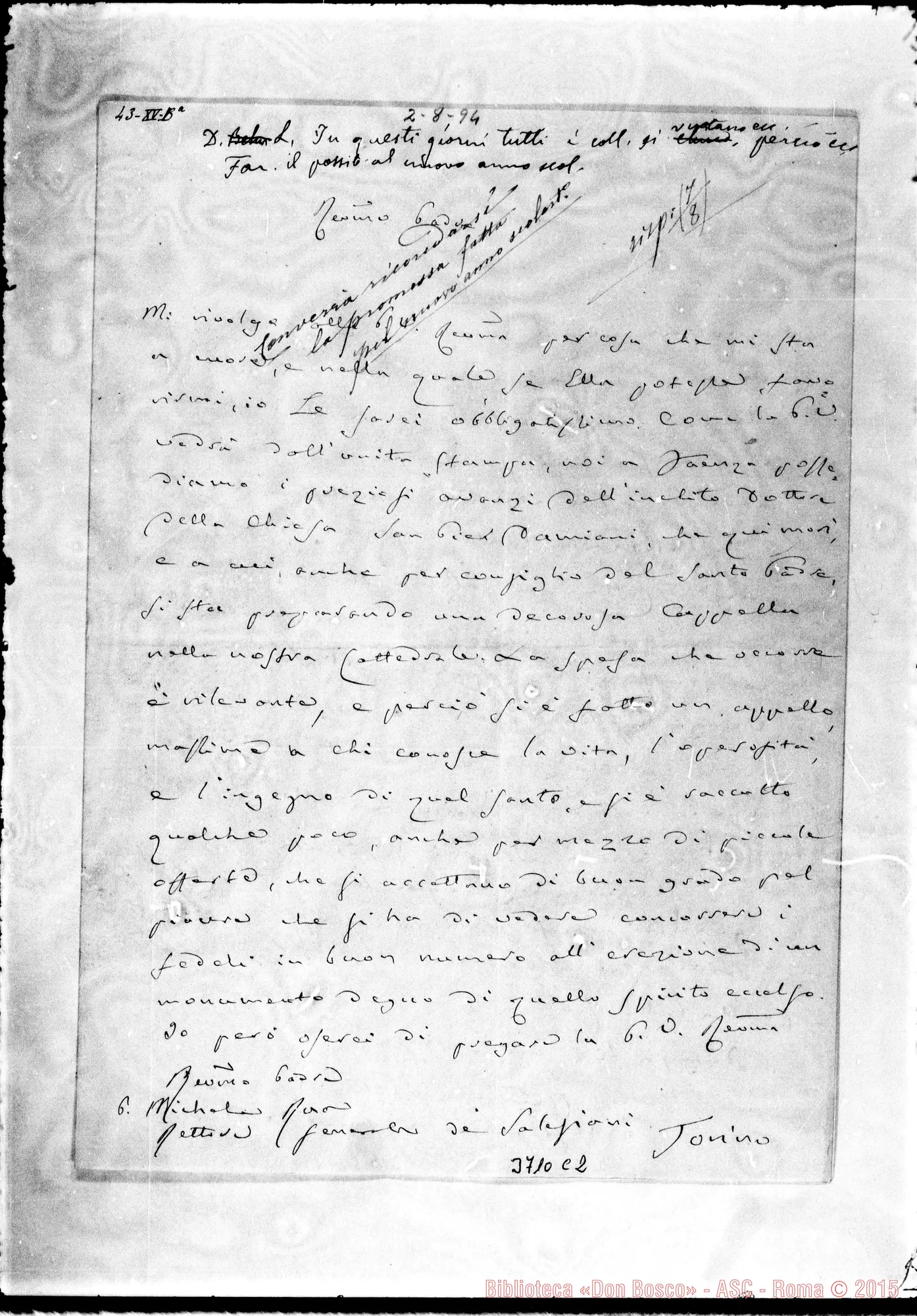 Fotogramma C 2 — Cantagalli Gioachino, vesc. di Faenza, 2-08-1894 Autogr. Rua