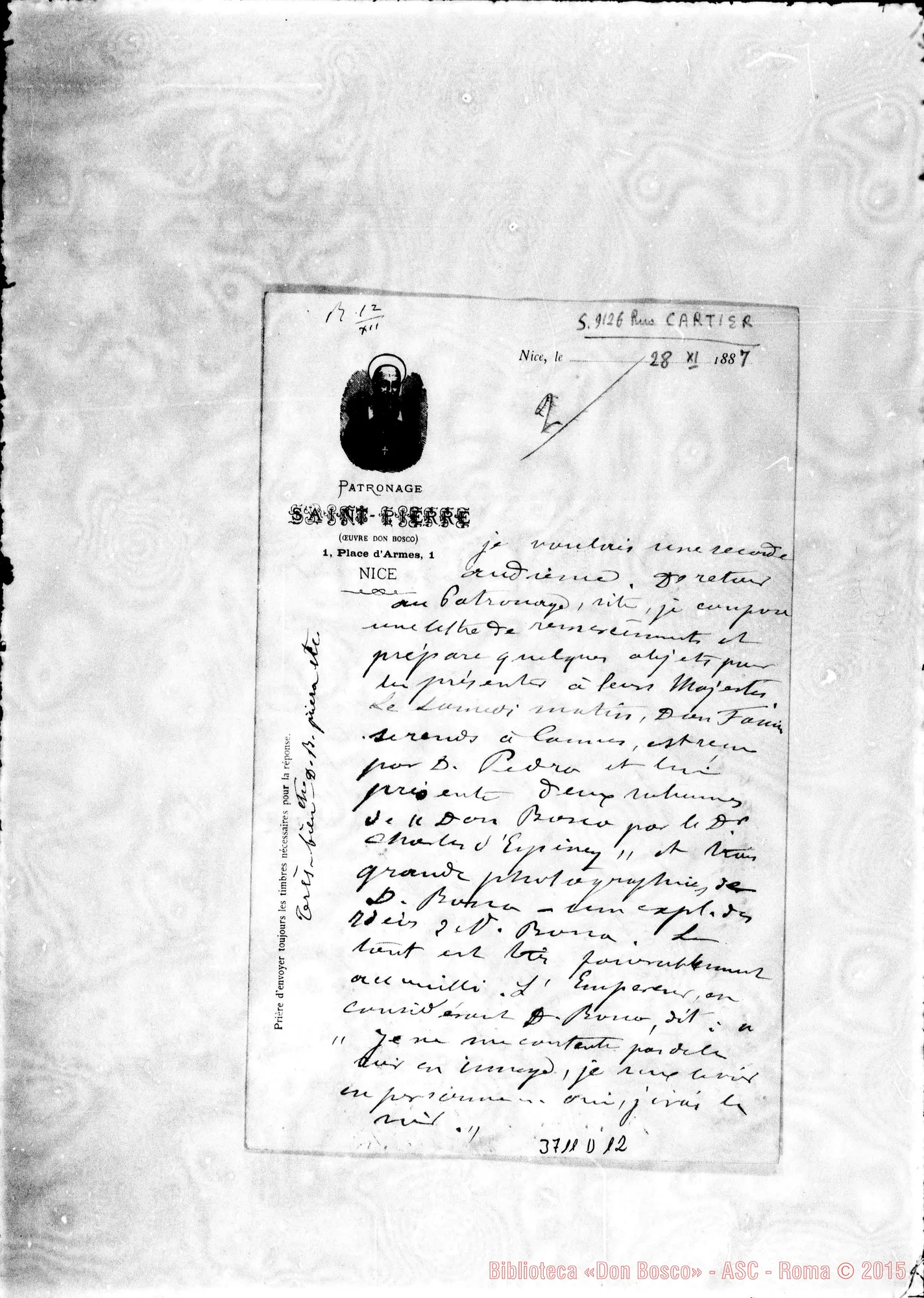 Fotogramma D 12 — Cartier Luigi, SDB Nice, 28-11-1887 Autogr. Rua