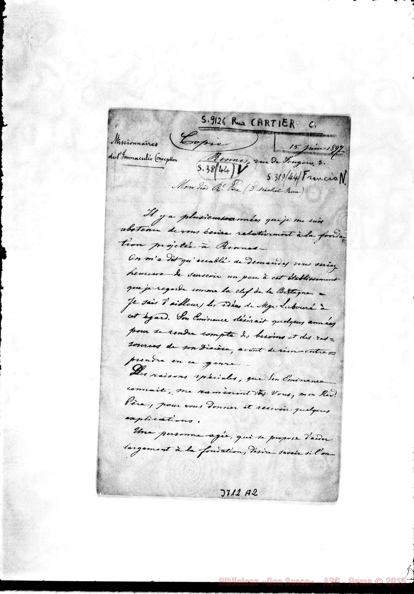 Fotogramma A 2 — « « Rennes, 15-06-1897 Copia. Segue lett. ms. di D. Rua A D. Ronchail.