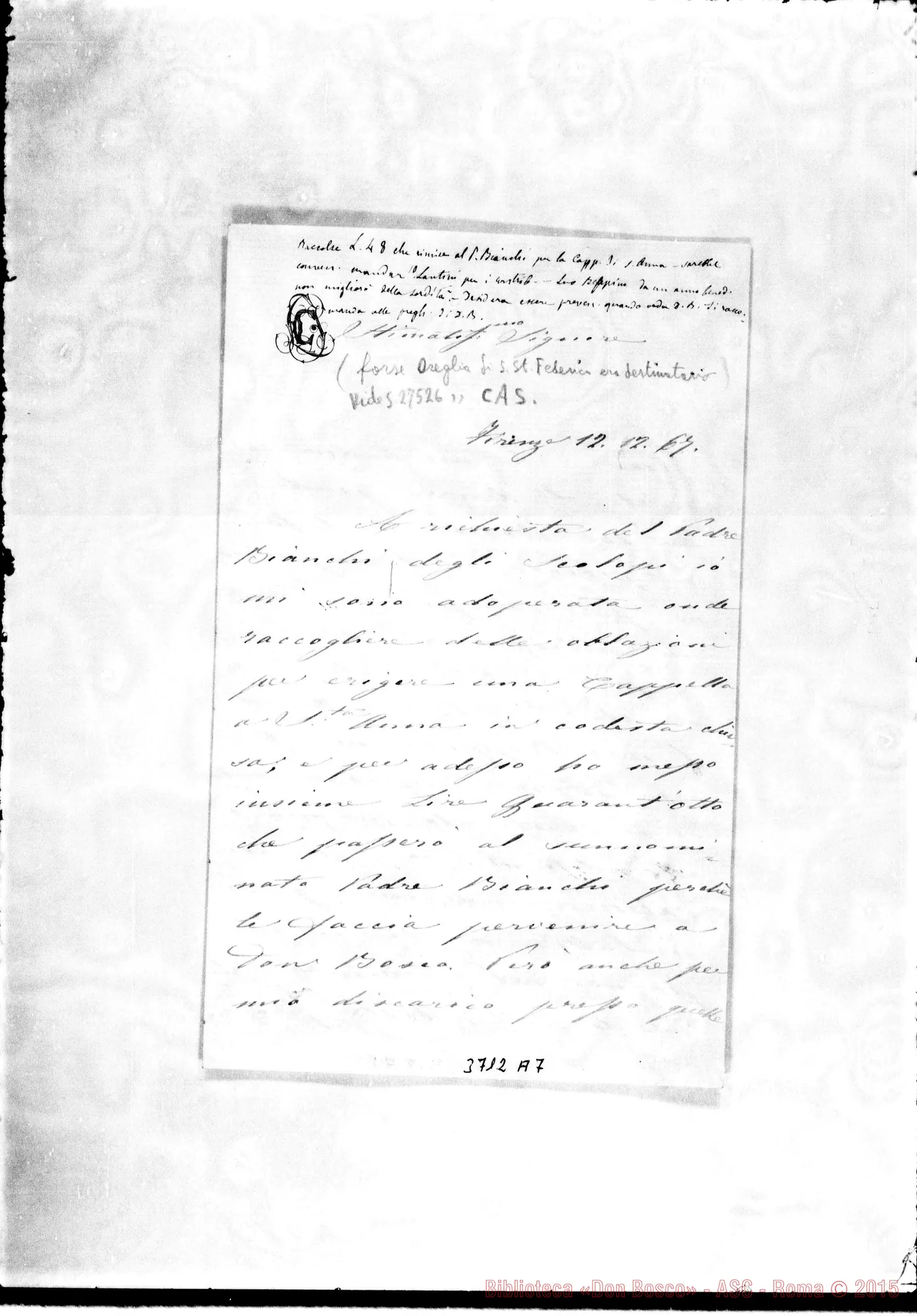 Fotogramma A 7 — Casaglia Luisa Fedi Firenze, 12-12-1867 Autogr. Rua