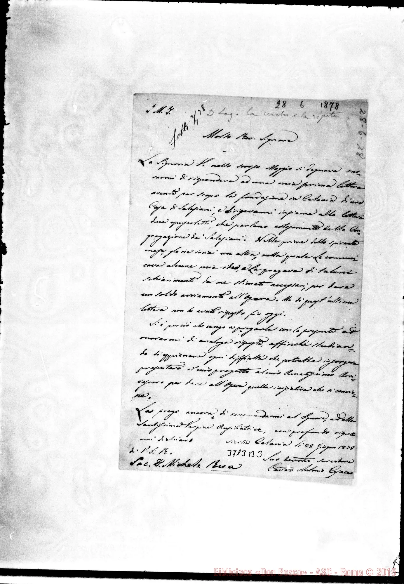 Fotogramma B 3 — Cesareo Antonio, sac. Catania, 28-06-1878 Autogr. Rua