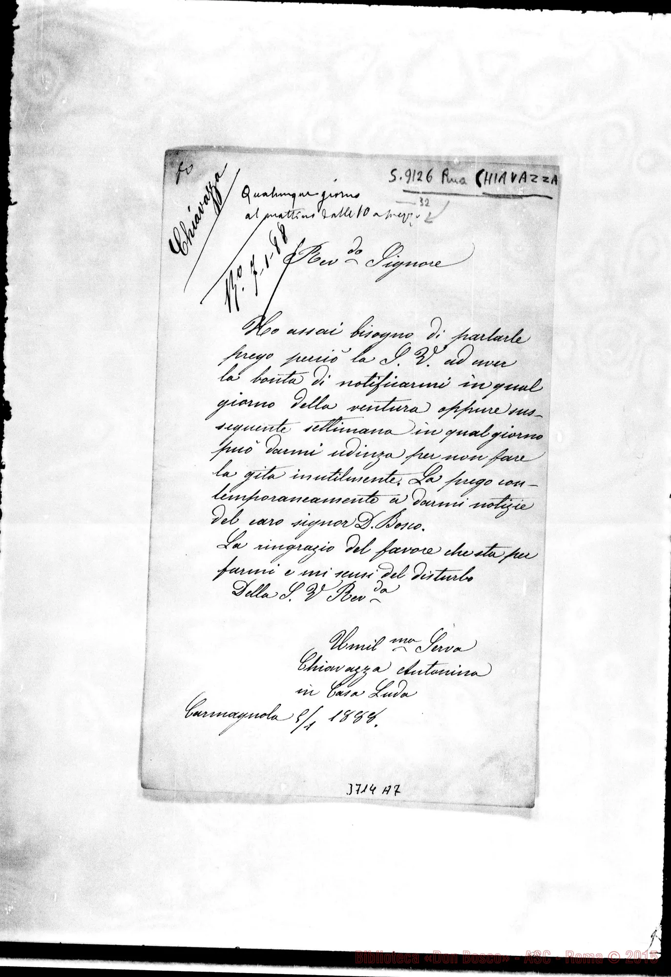 Fotogramma A 7 — Chiavazza Antonina Carmagnola, 5-01-1888 Autogr. Rua