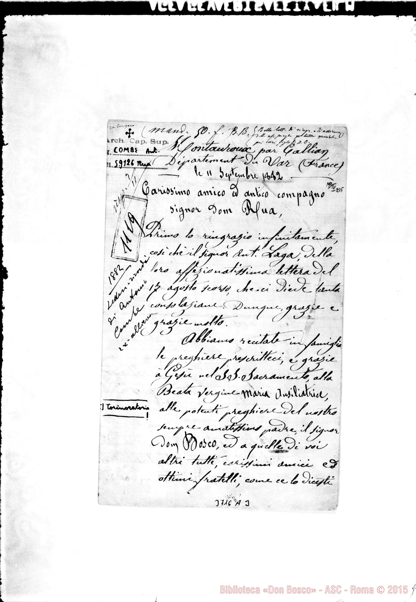 Fotogramma A 3 — Combe Antonio Montauroux, 11-09-1882 Autogr. Rua