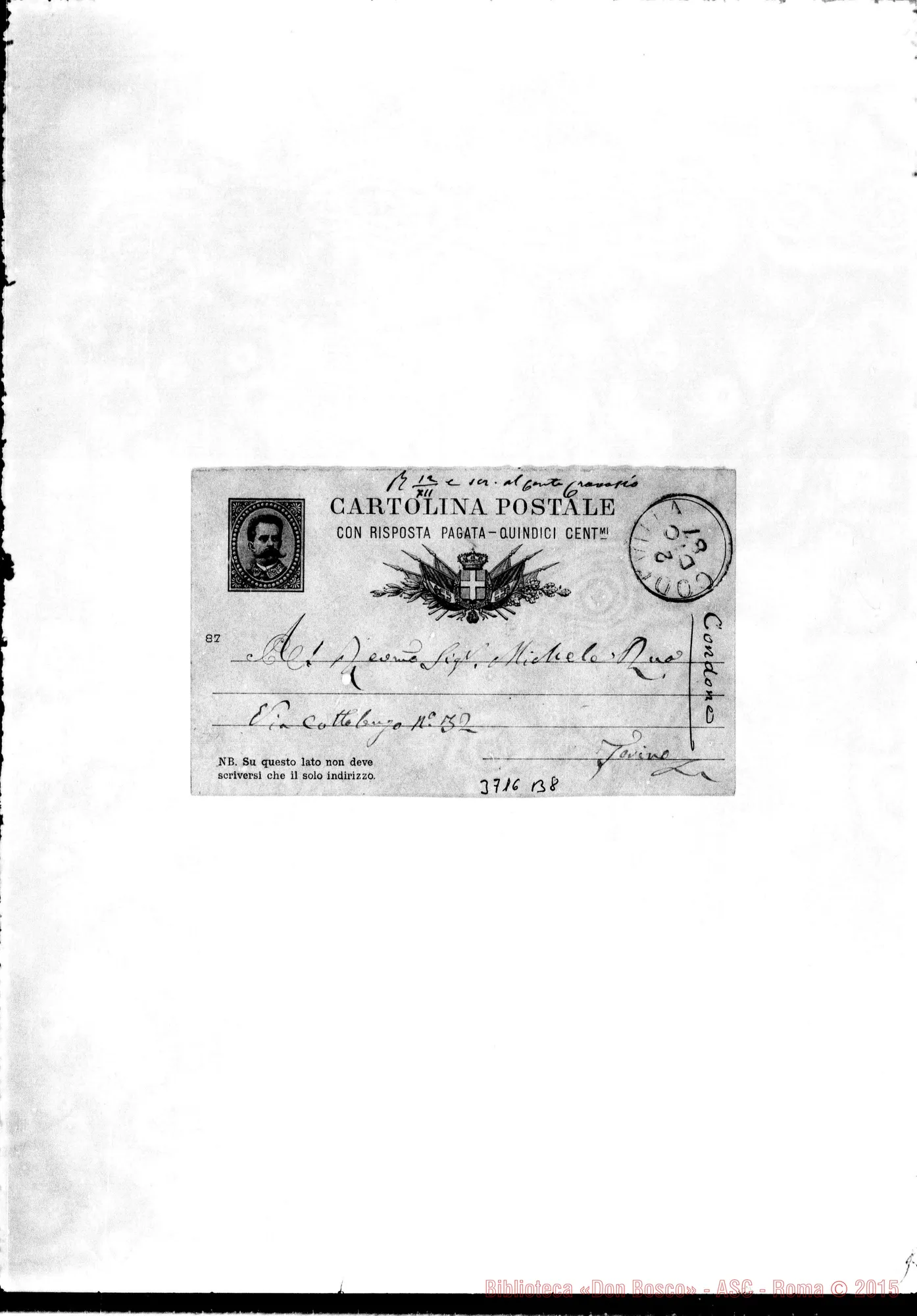 Fotogramma B 8 — Condone Carlo Codeville, 2-12-1887 Autogr. Rua Cartolina