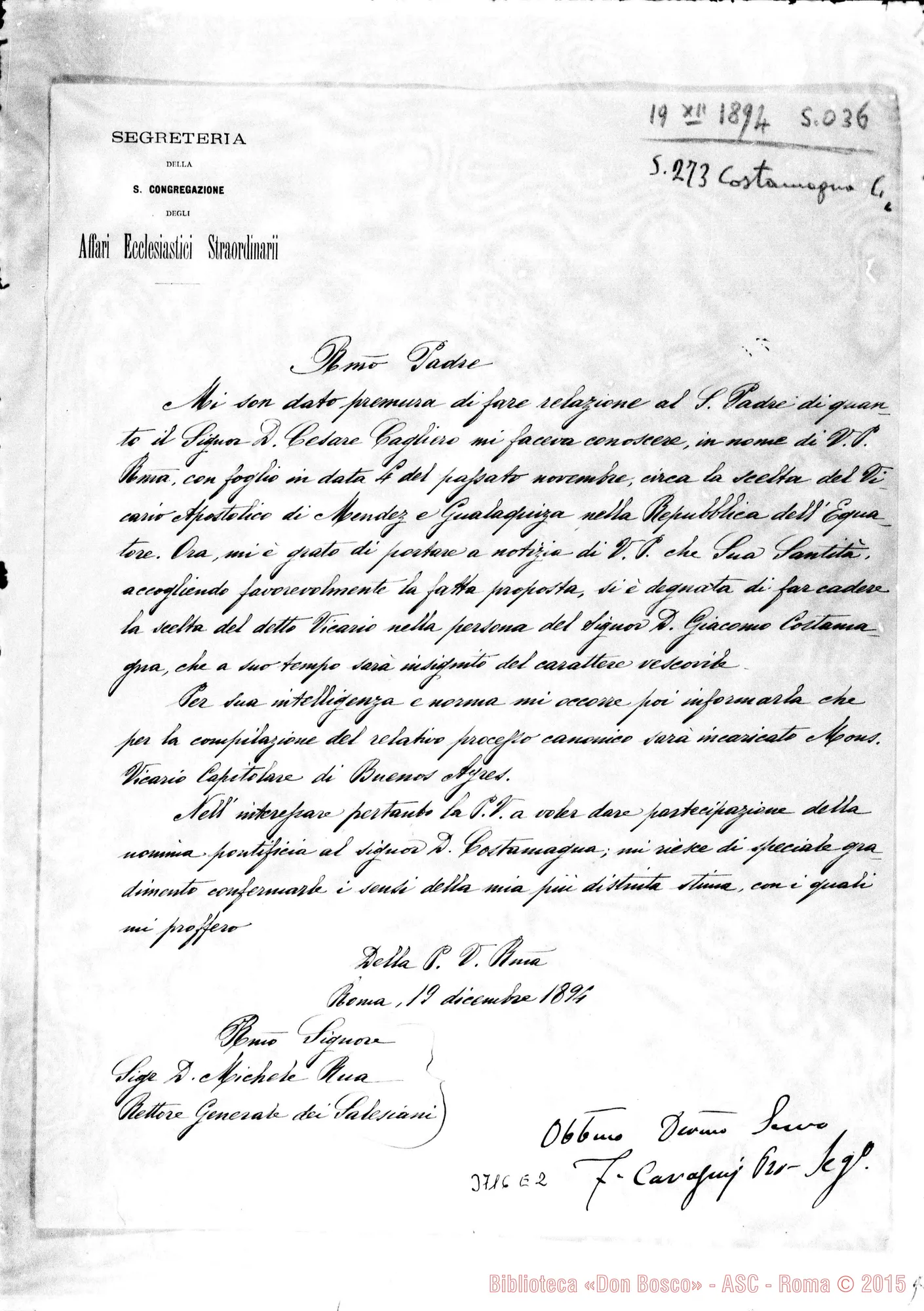 Fotogramma E 2 — Congregaz. Affari Eccl. Roma, 9-12-1894 D. Costamagna Vescovo
